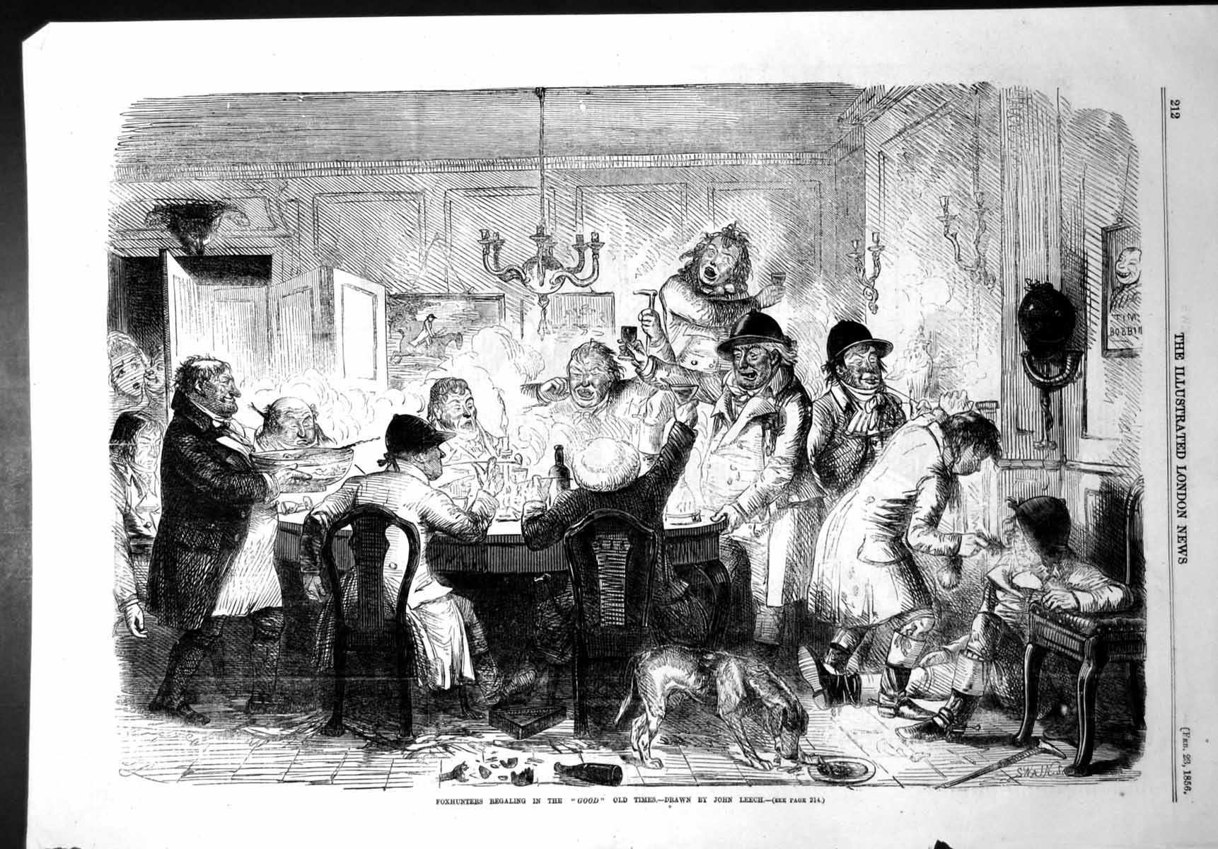 Original Old Antique Print Foxhunters Regaling Good Times John Leech 1856 19th