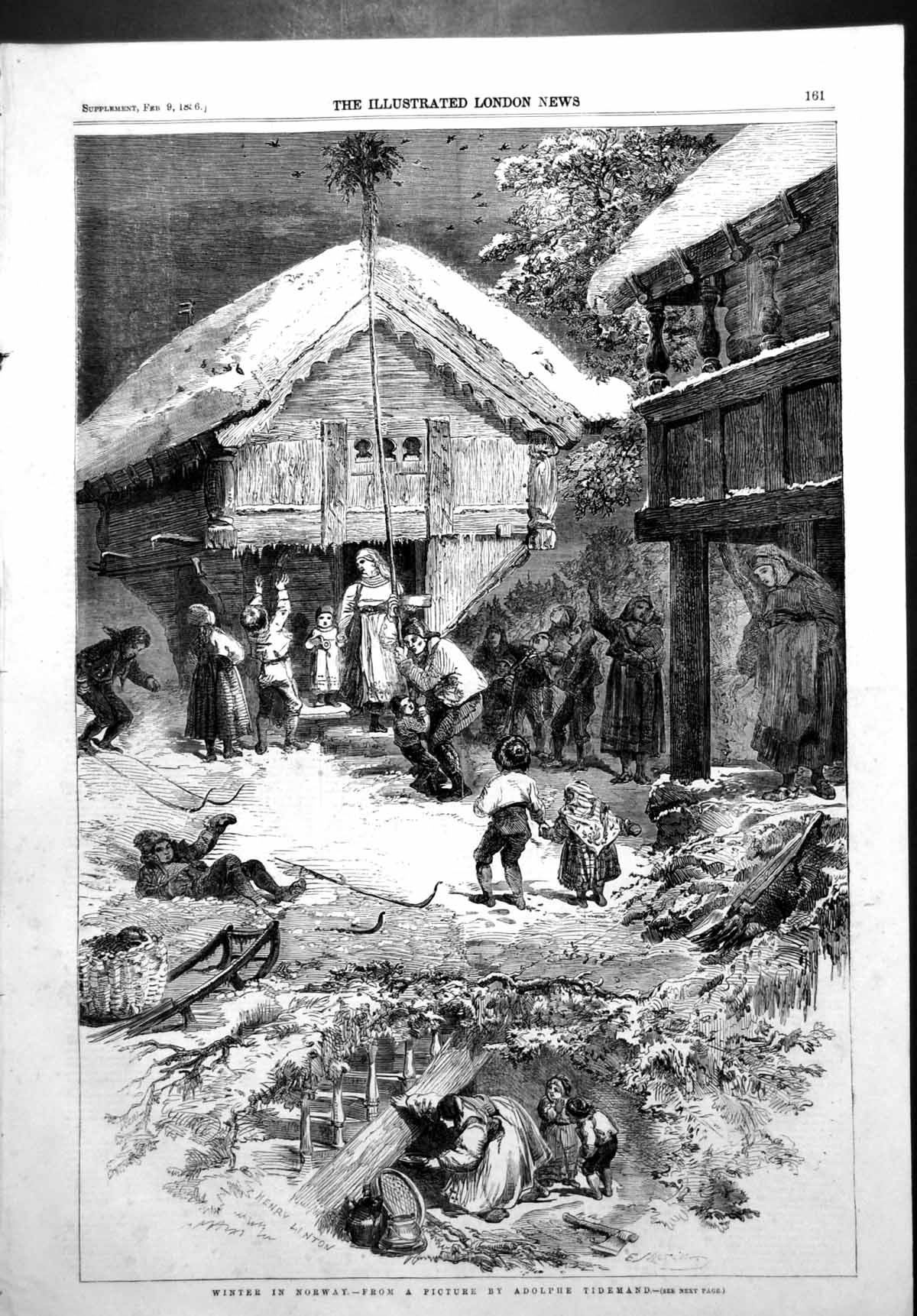 Old Antique Print Winter Norway Pole Bunch Oats Children Skates Snow 1856 19th