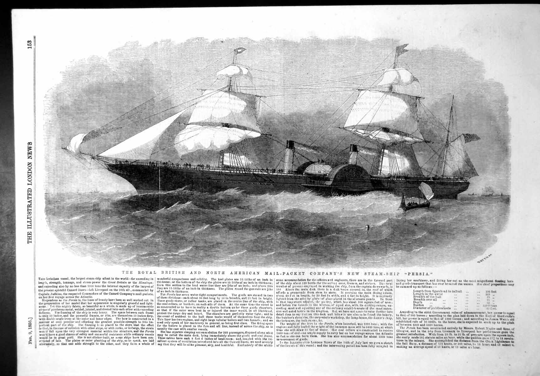 Antique Old Print British American Mail Packet Co New Steam Ship Persia 1856