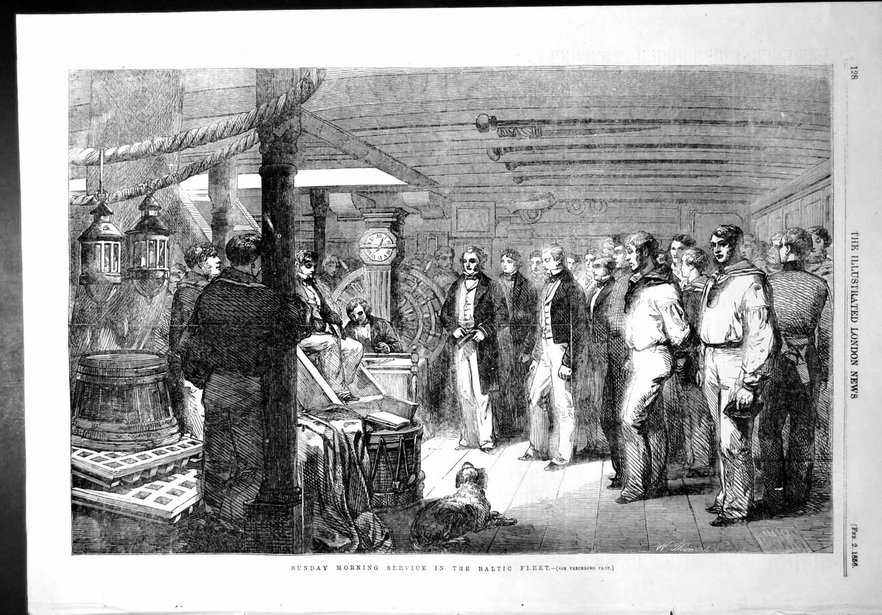 Original Old Antique Print Sunday Morning Service Baltic Fleet Carmichael 1856