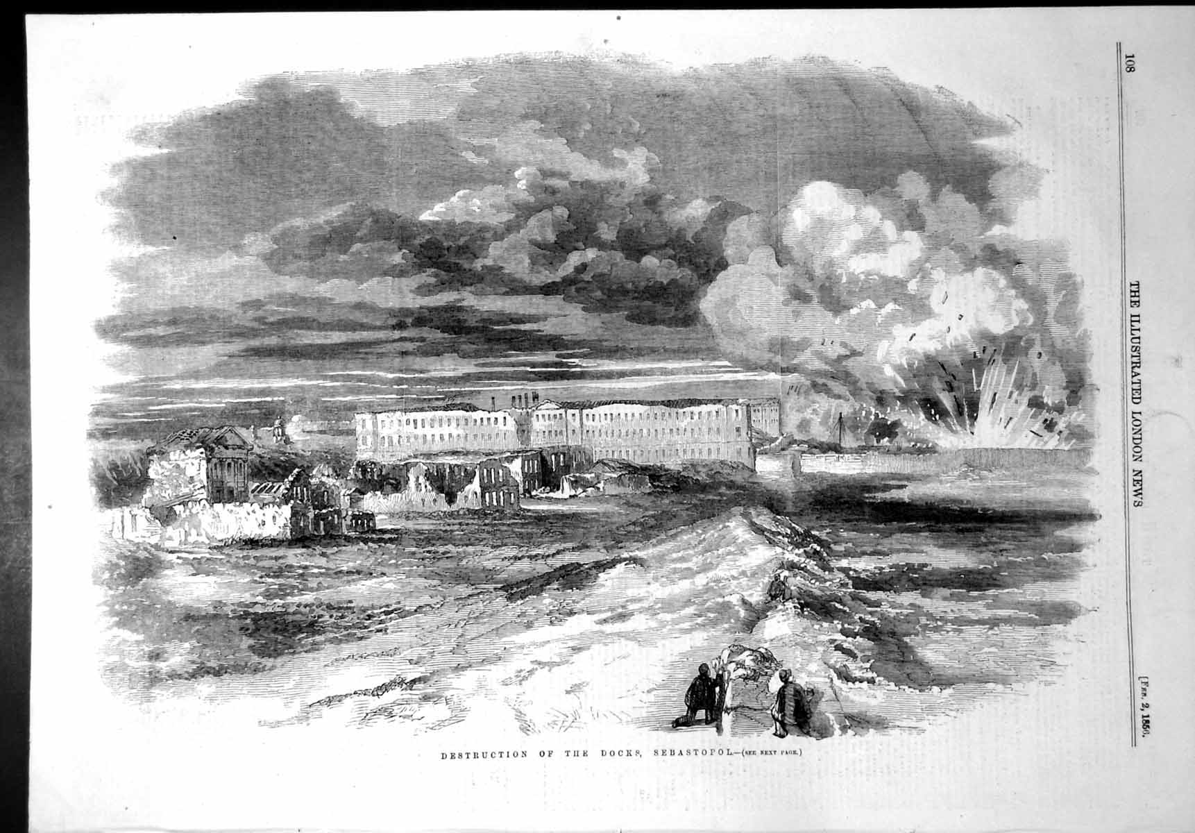 Original Old Antique Print Destruction Docks Sebastopol Shelling Sea 1856 19th