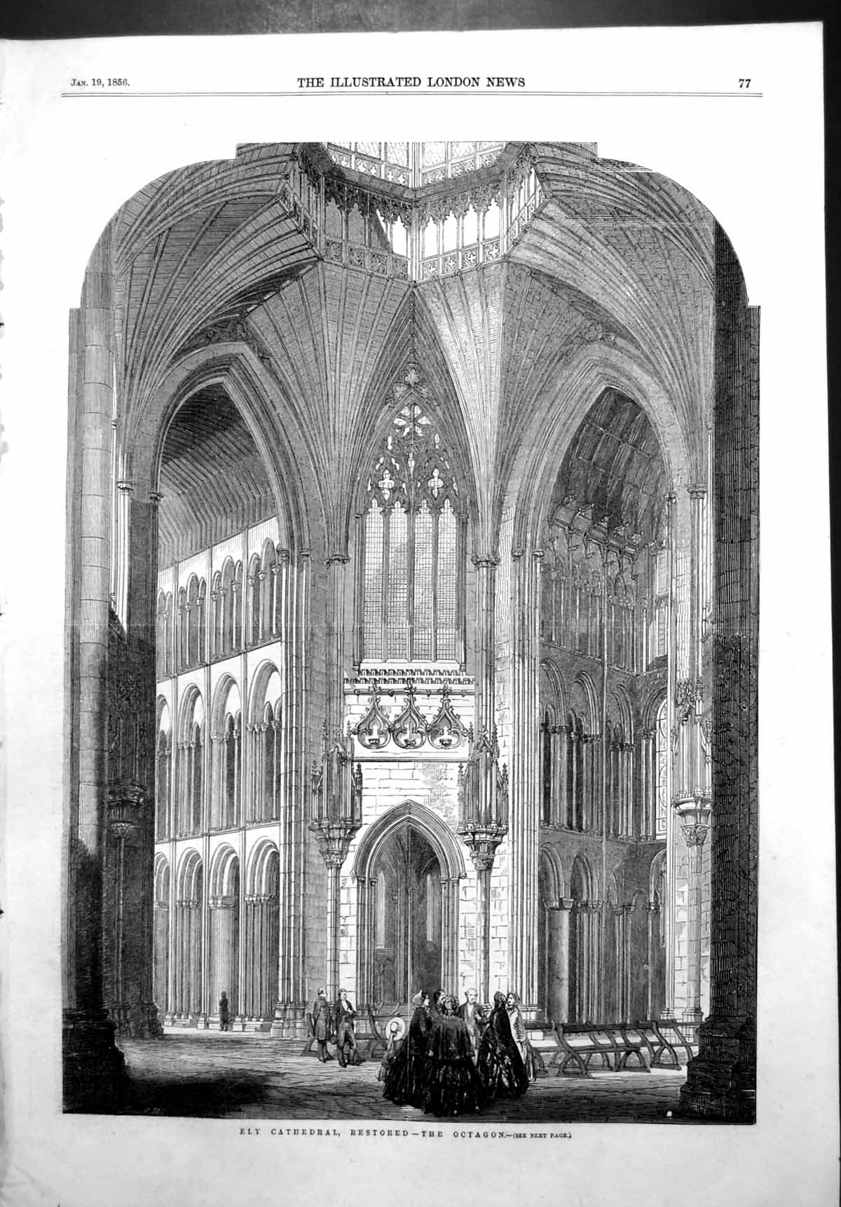 Original Old Antique Print Ely Cathedral Restored Octagon Island Ely 1856 19th