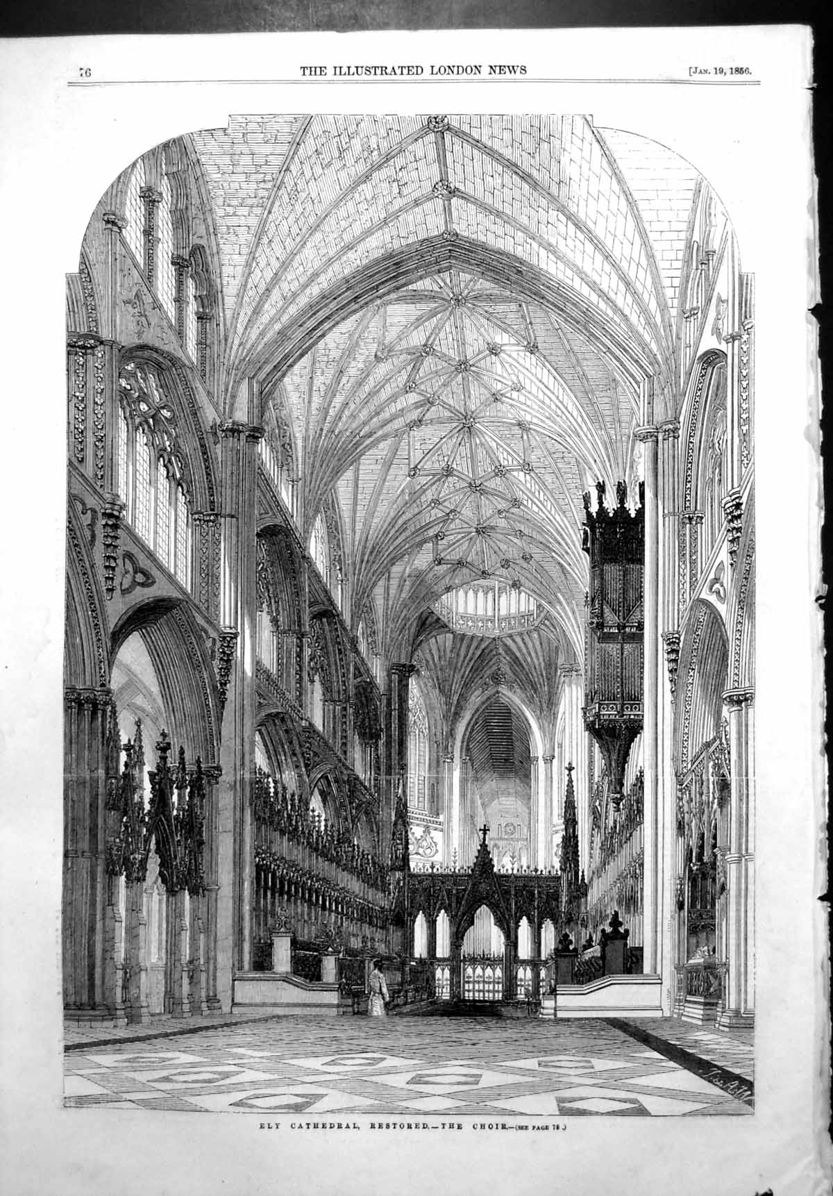 Original Old Antique Print Ely Cathedral Restored The Choir Interior 1856 19th