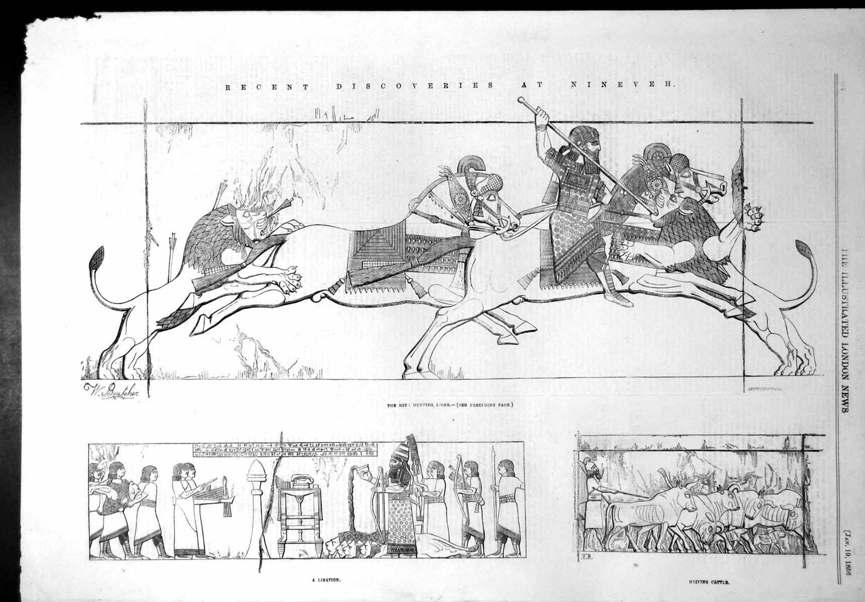 Antique Old Print Recent Discoveries Nineveh King Hunting Lions Libation 1856