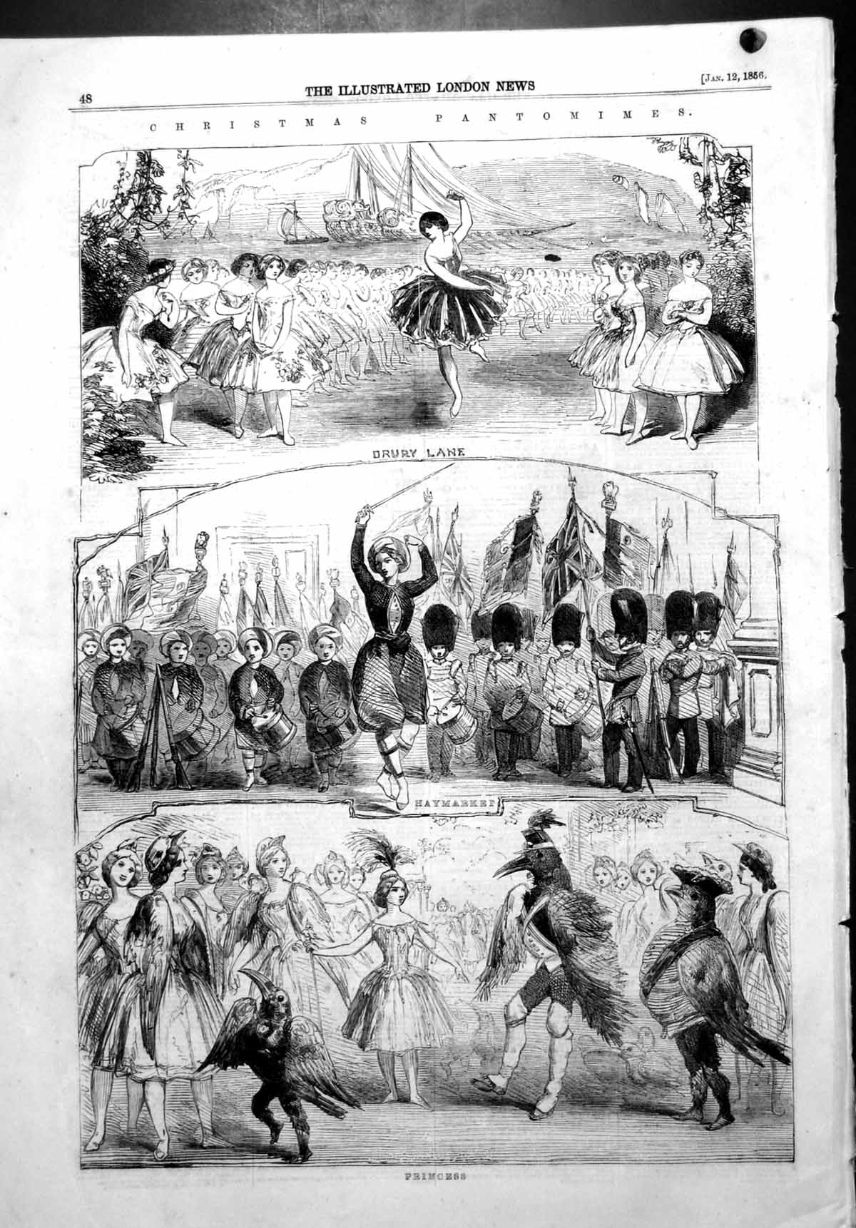 Old Antique Print Christmas Pantomines Drury Lane Haymarket Princess 1856 19th