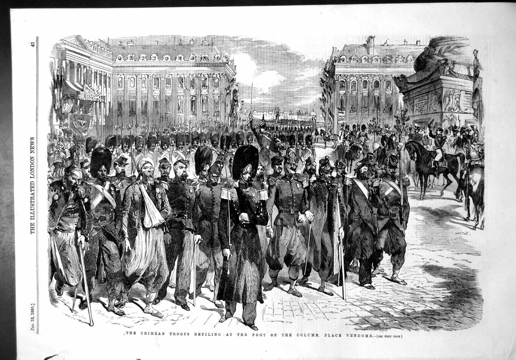 Old Antique Print Crimean Troops Defiling Foot Column Place Vendome 1856 19th