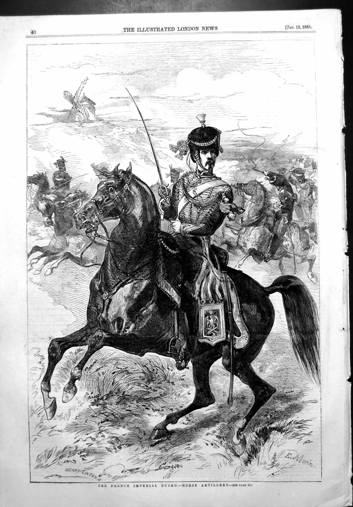 Original Old Antique Print French Imperial Guard Horse Artillery 1856 Victorian