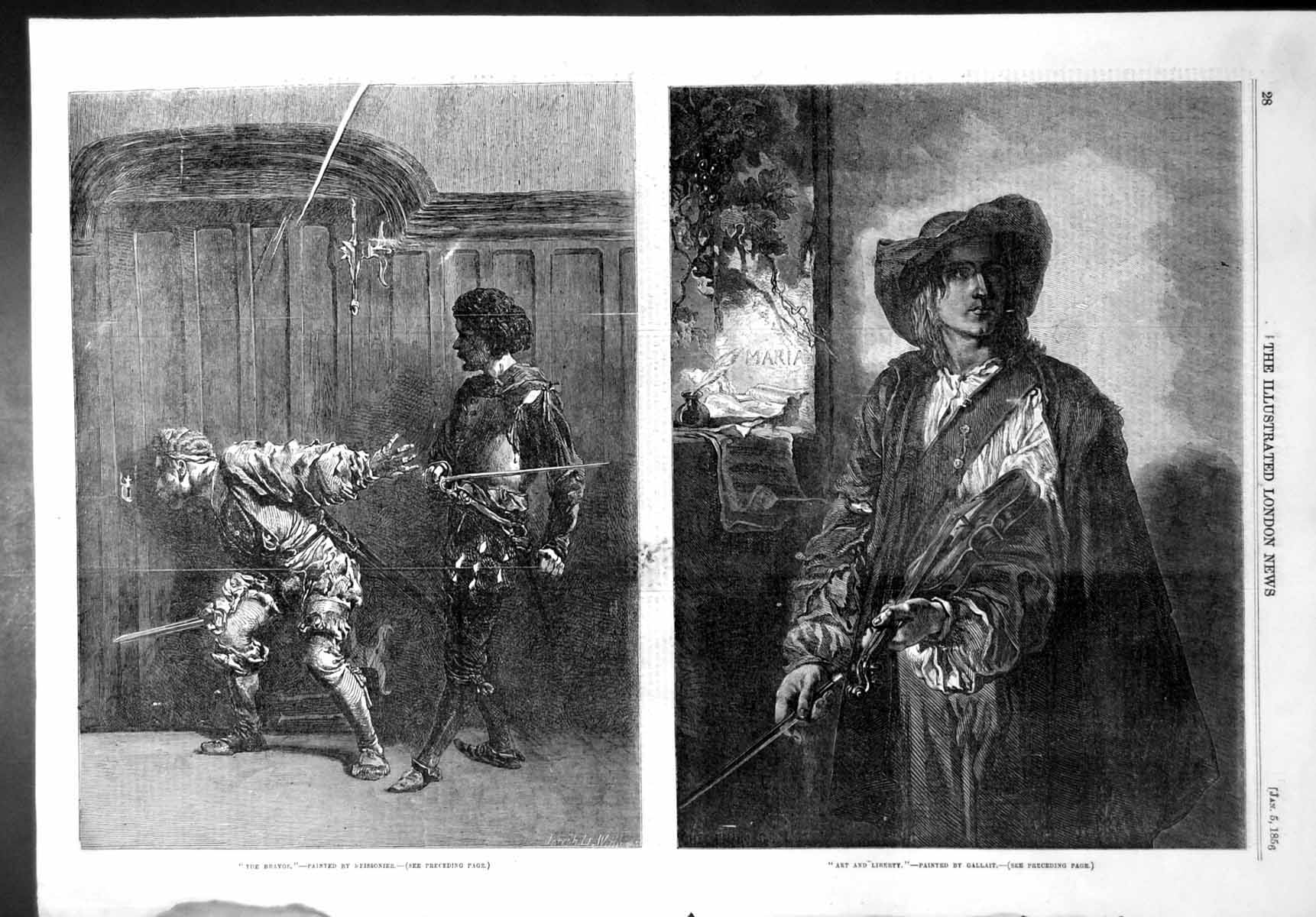 Original Old Antique Print Bravos Painted Meissonier Art Liberty Gallait 1856