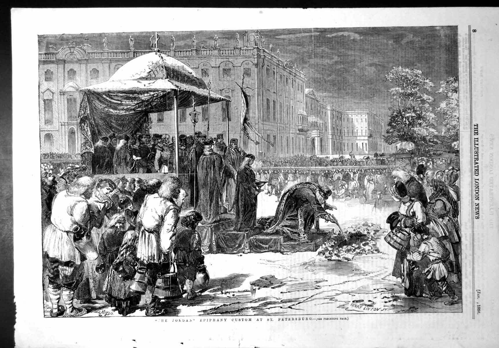 Antique Old Print Jordan Epiphany Custom St Petersburg Cross Ice Emperor 1856