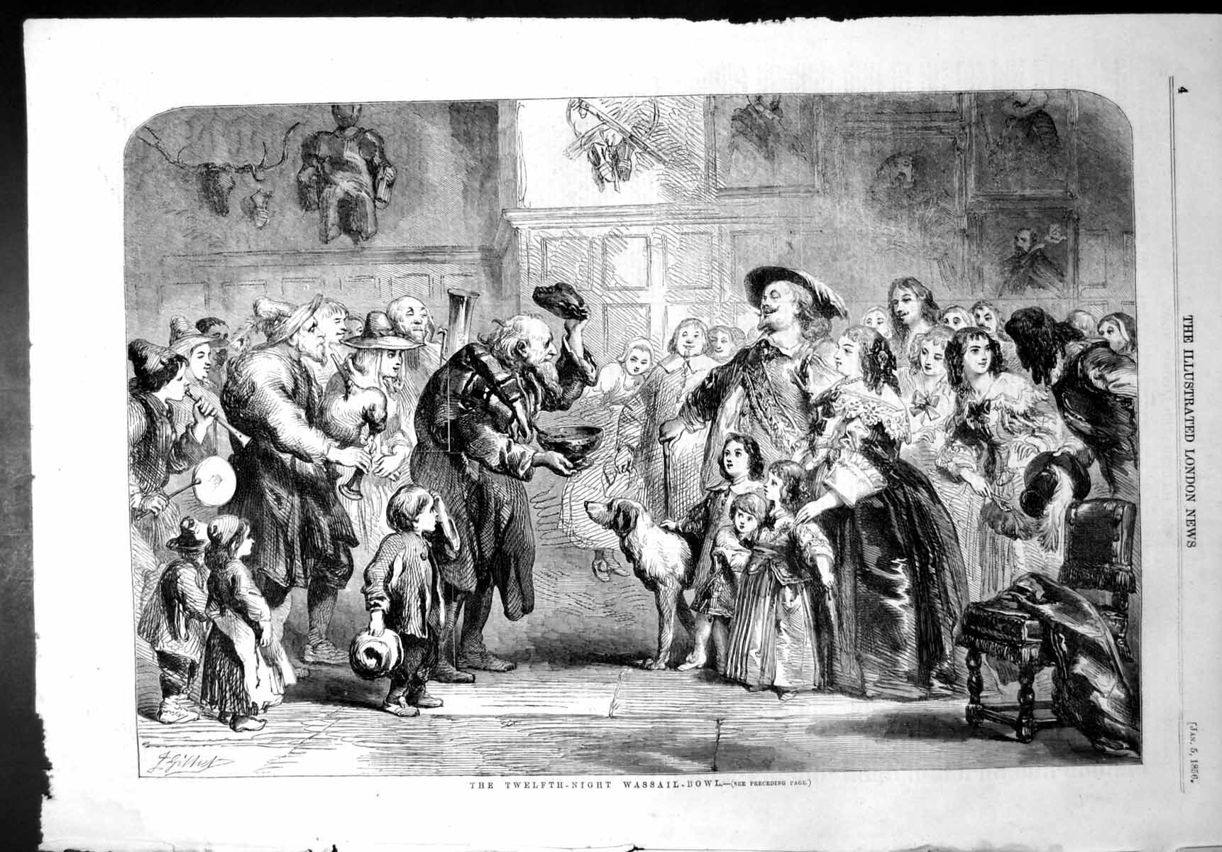 Old Print Twelth Night Wassail Bowl Filled Spiced Ale Roasted Apples 1856 19th