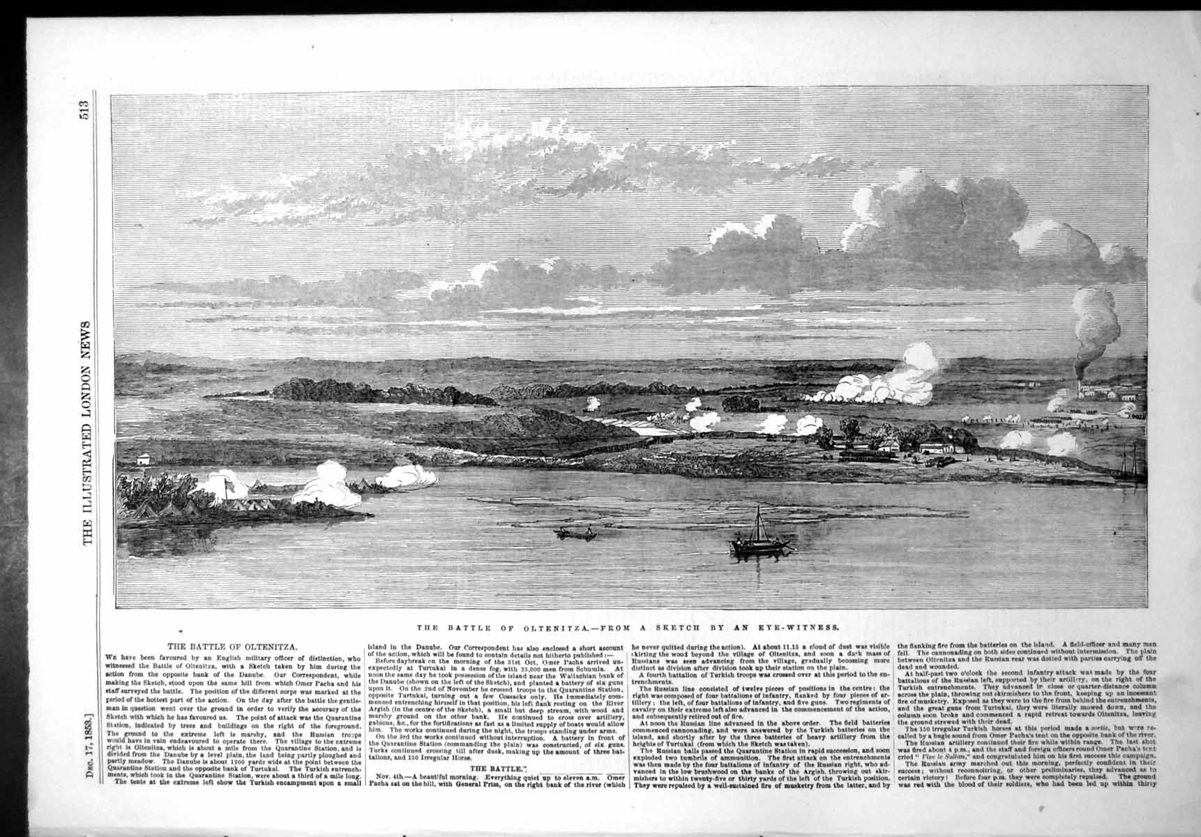 Original Old Antique Print Battle Oltenitza Eye Witness Danube 1853 Victorian