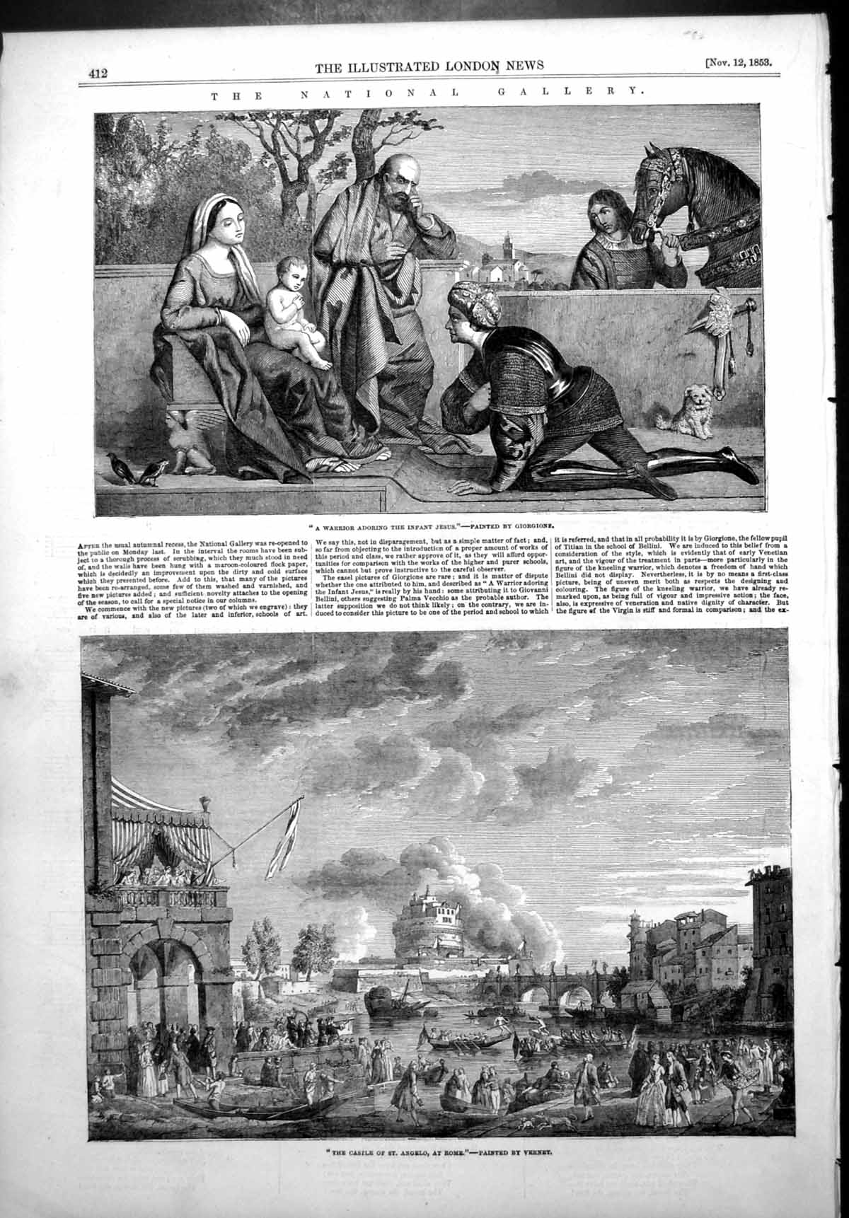 Old Print Warrior Adoring Infant Jesus Castle St Angelo Rome Vernet 1853 19th