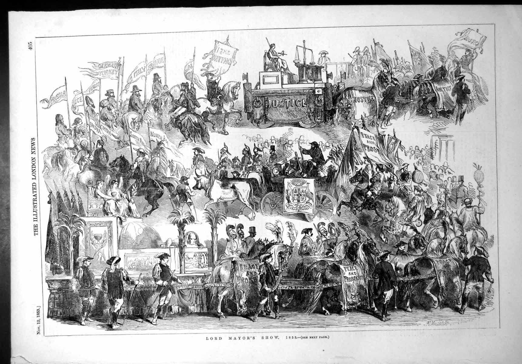 Old Antique Print Lord Mayors Show Pageant Civic Procession London 1853 19th