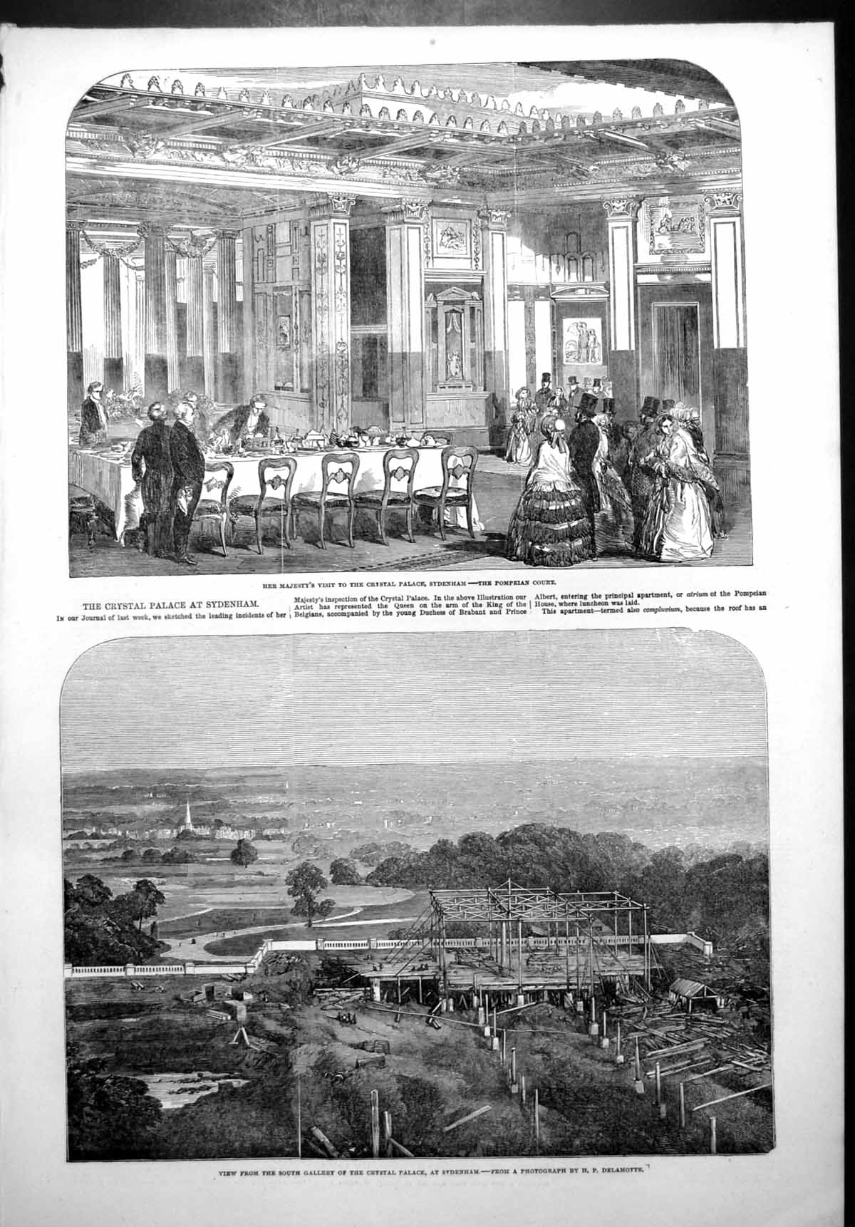 Antique Old Print Queens Visit Crystal Palace Sydenham Pompeian Court 1853 19th