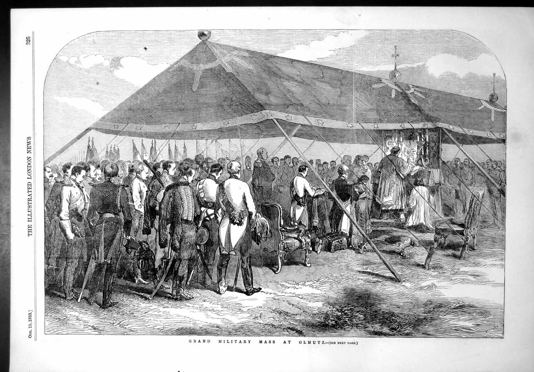 Original Old Antique Print Grand Military Mass Olmutz Emperors Altar Tent 1853