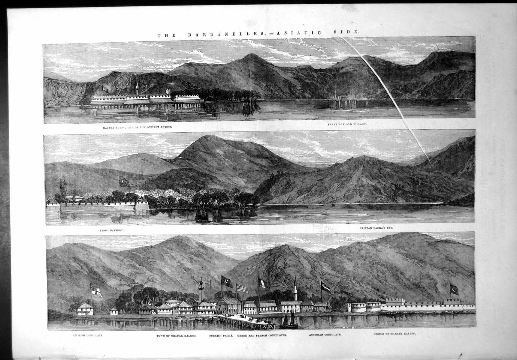 Antique Print Dardanelles Asiatic Side Teket Bay Chanak Kalessi Castle 1853