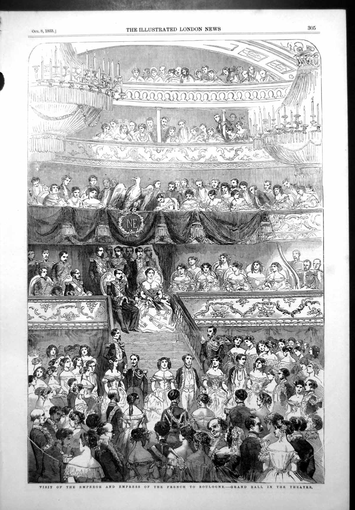 Antique Print Visit Emperor Empress French Boulogne Grand Ball Theatre 1853