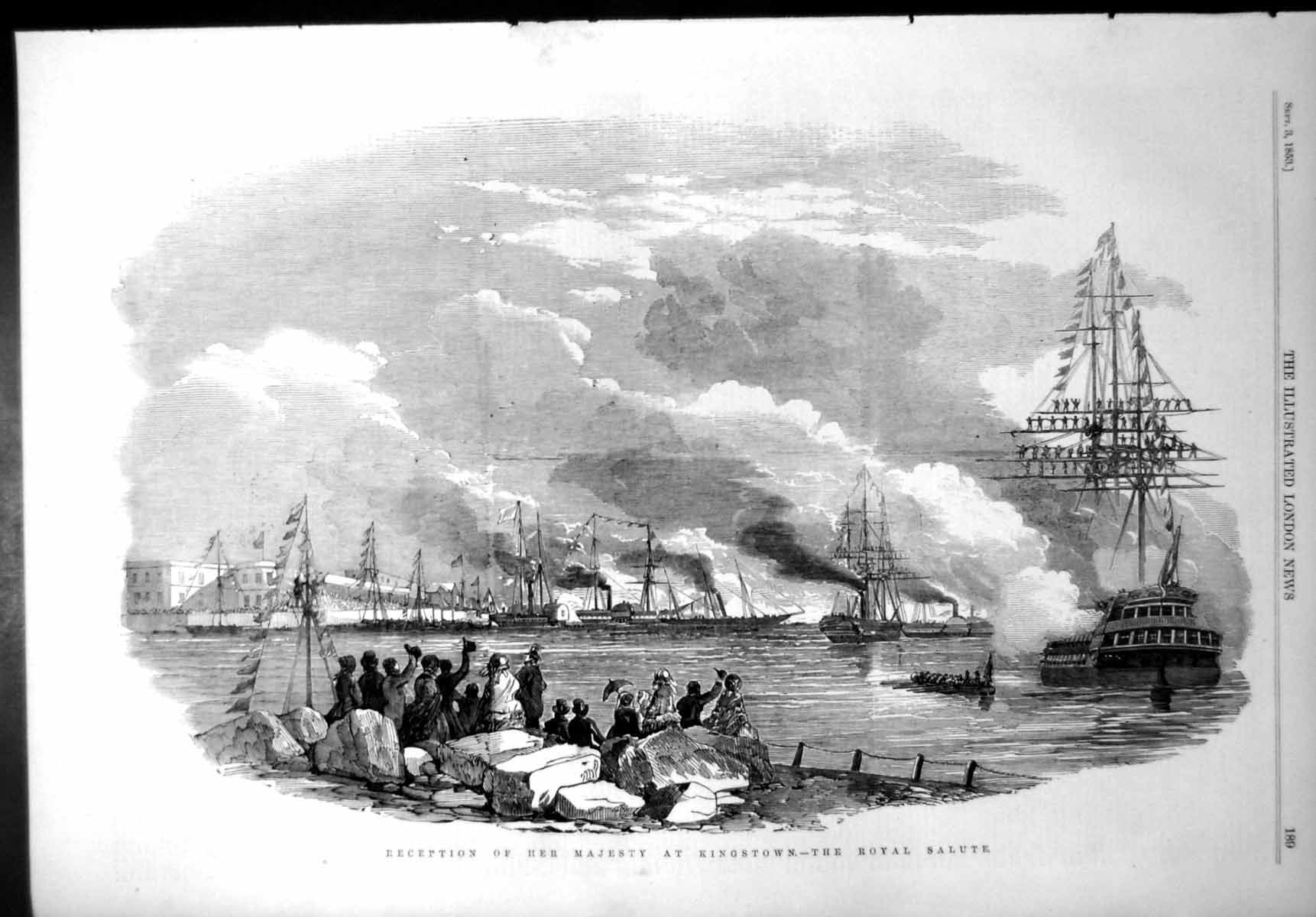 Original Old Antique Print Reception Her Majesty Kingstown Royal Salute 1853