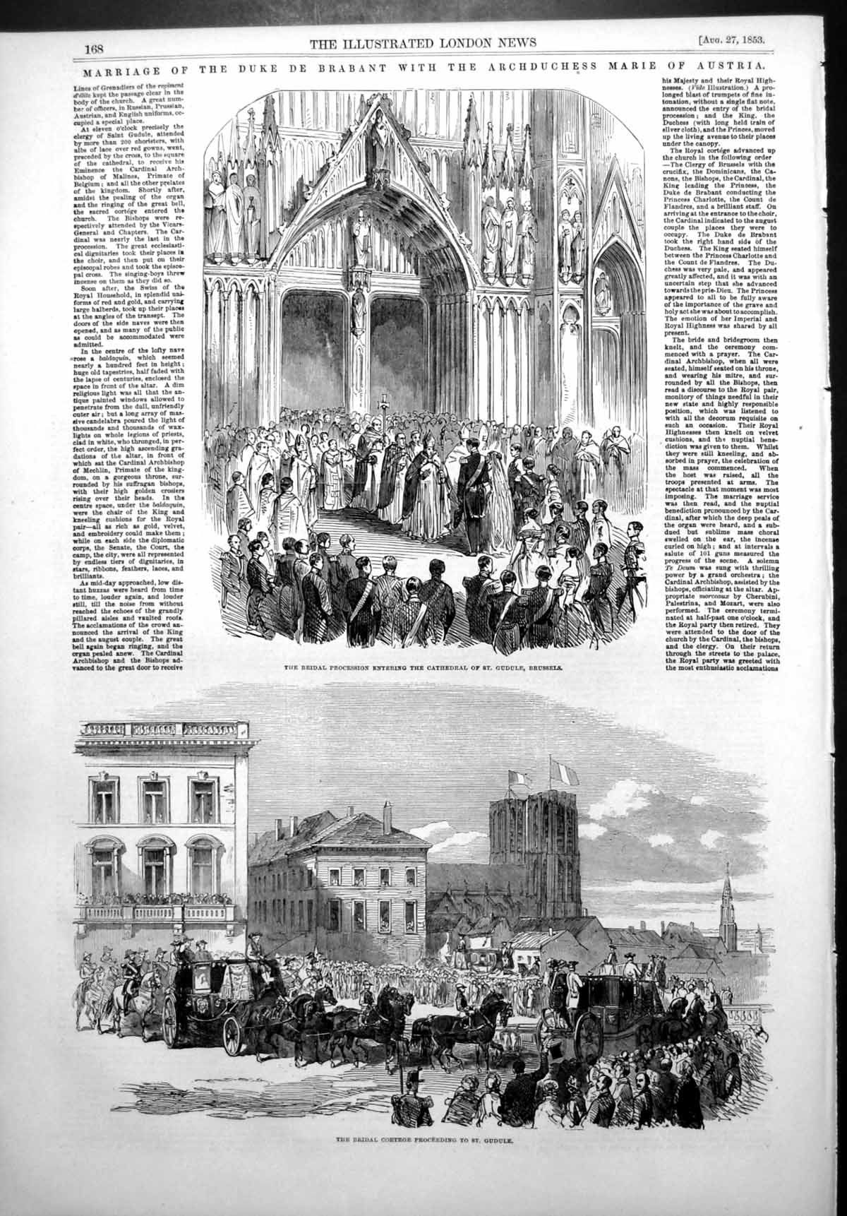 Antique Old Print Bridal Procession Cathedral St Gudule Brussels Cortege 1853