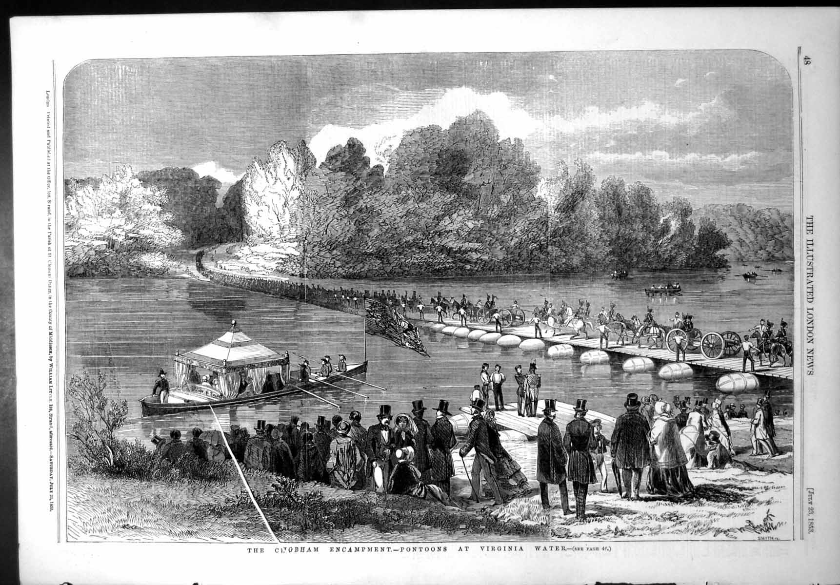 Original Old Antique Print Chobham Encampment Pontoons Virginia Water 1853 19th