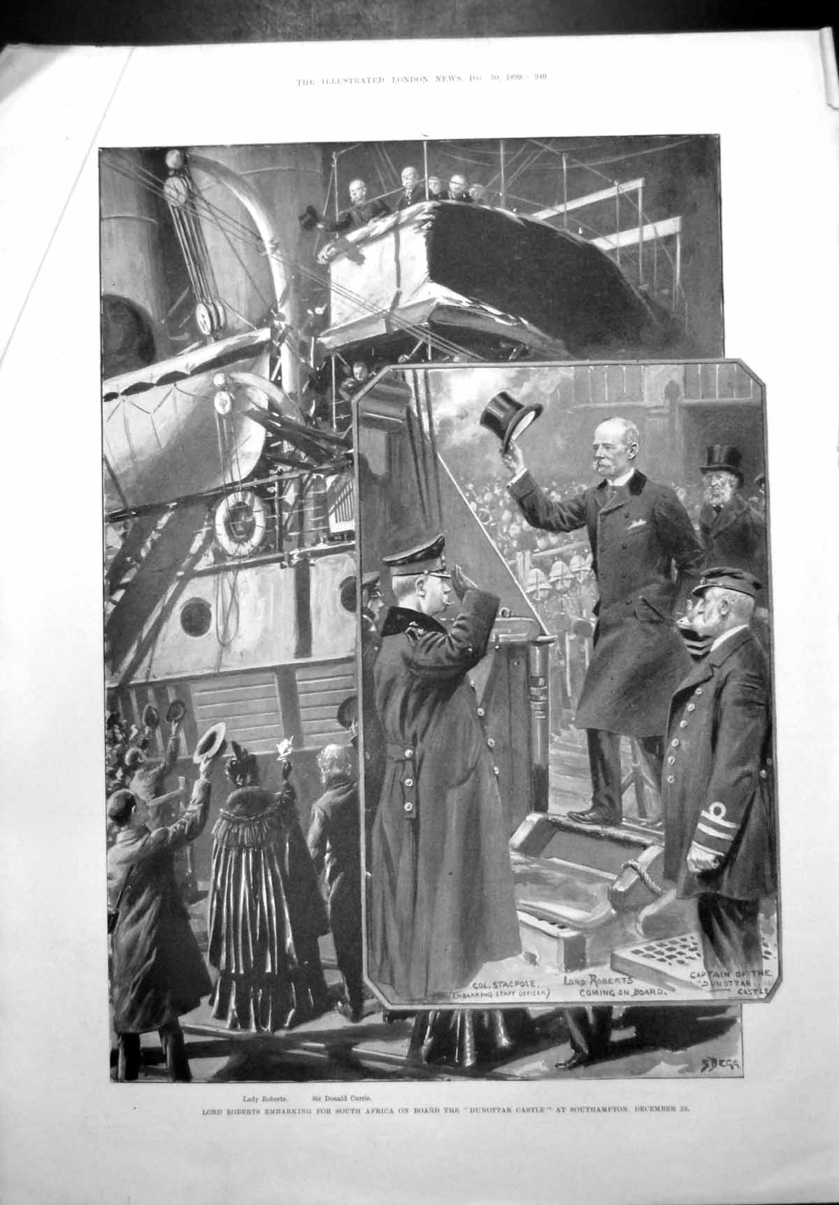 Antique Old Print Lord Roberts Embarking South Africa Dunottar Castle 1899 19th