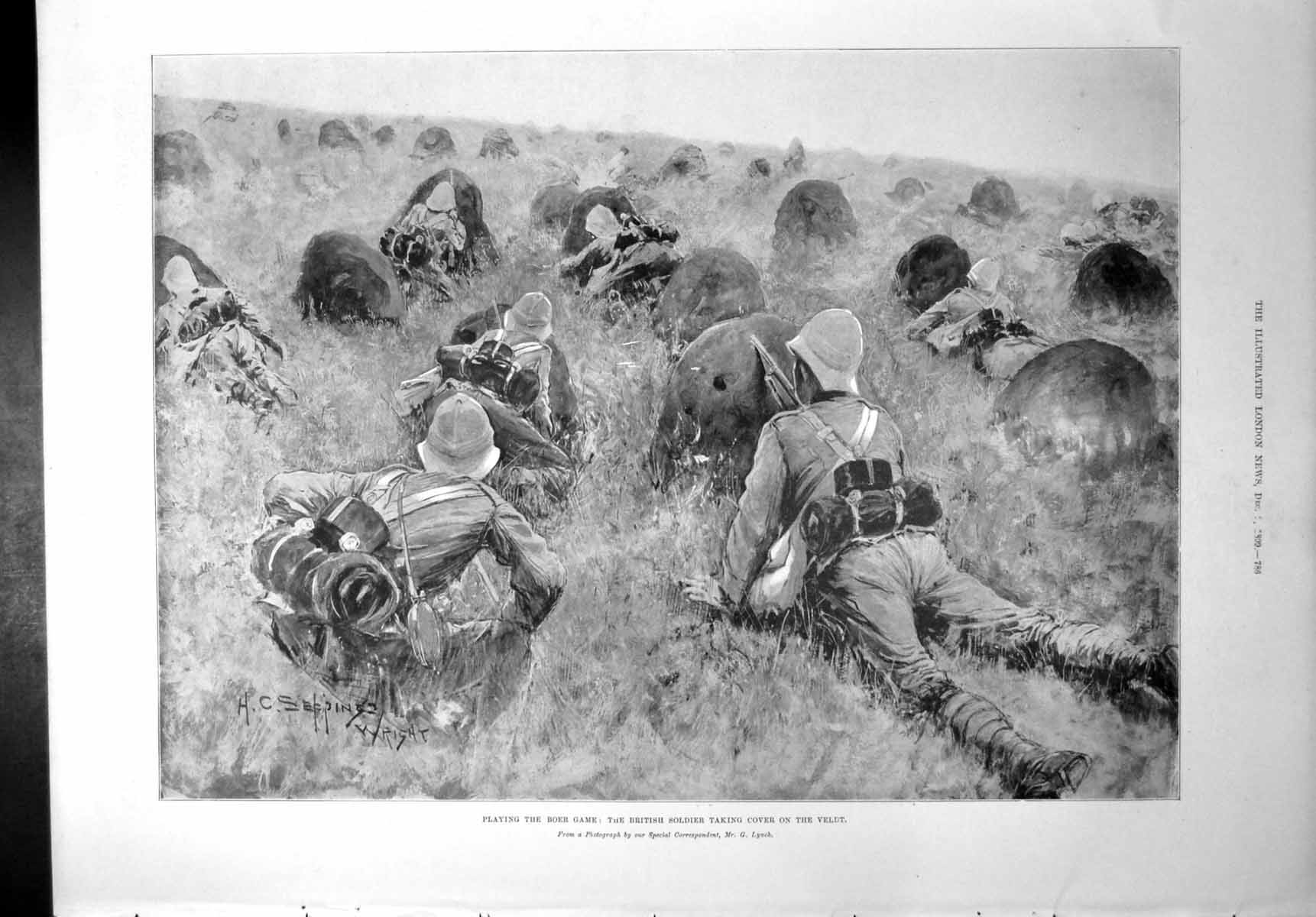 Antique Old Print Transvaal Boer Game British Sier Taking Cover Veldt 1899 19th