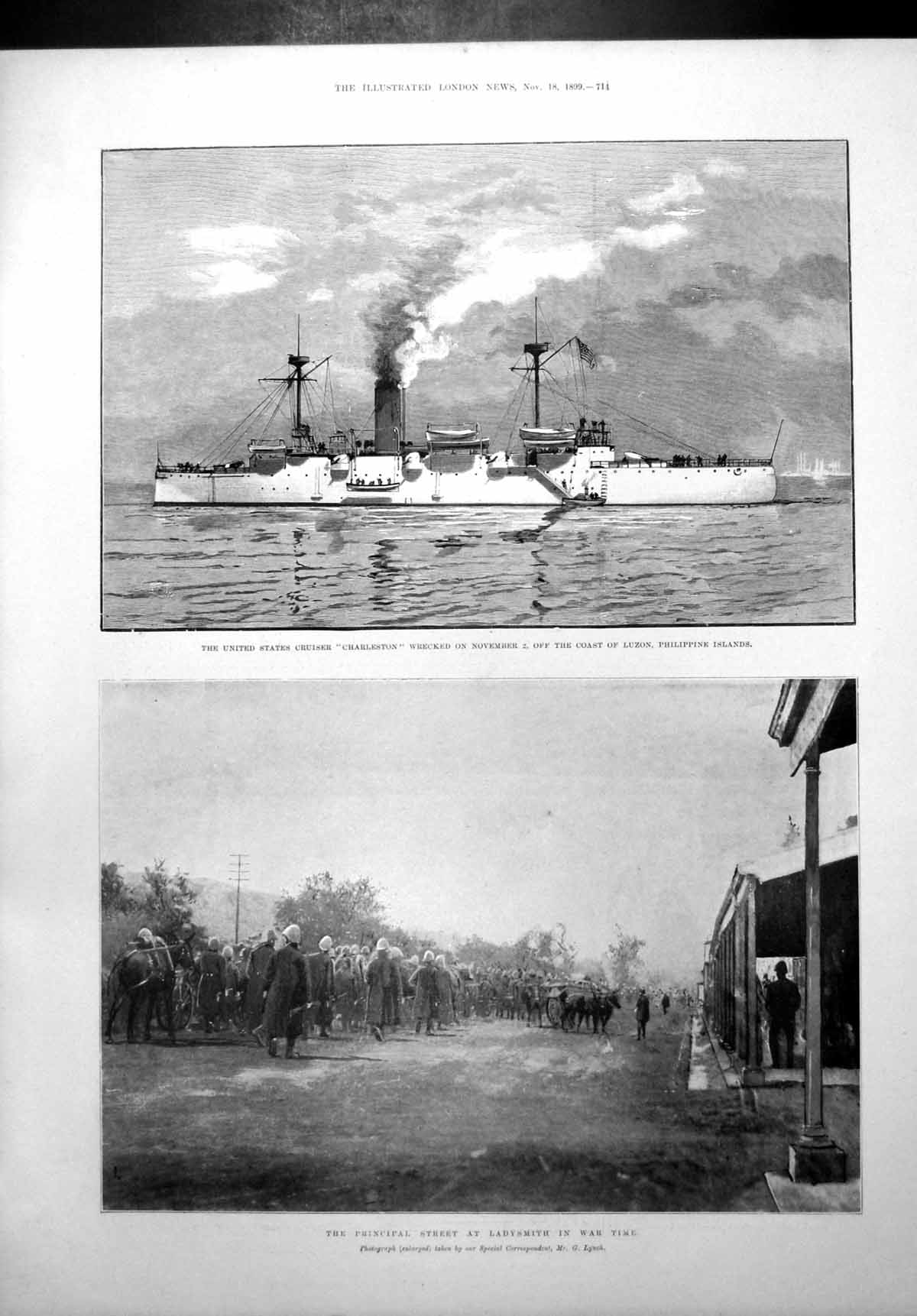 Old Print U S Cruiser Charleston Wrecked Luzon Street Ladysmith War 1899 19th