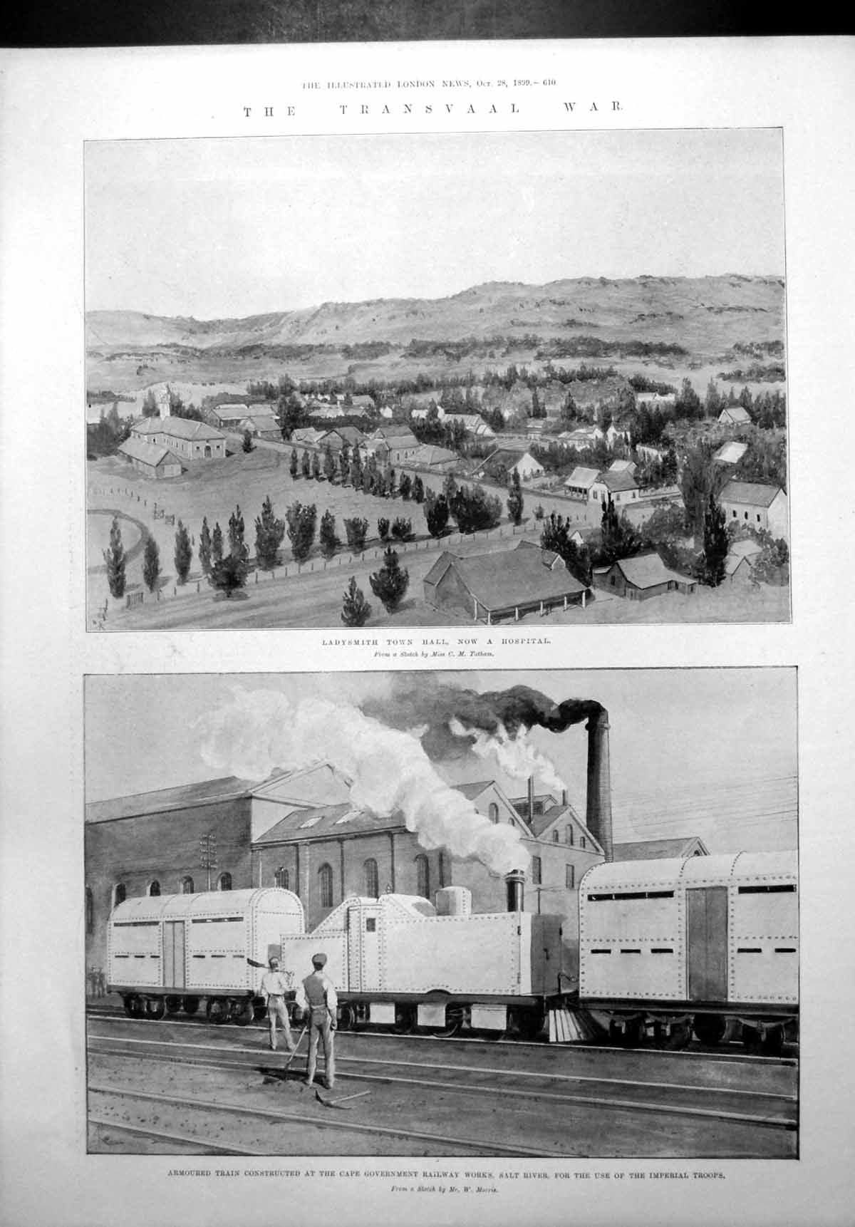 Antique Old Print Ladysmith Townhall Now Hospital Armoured Train Troops 1899