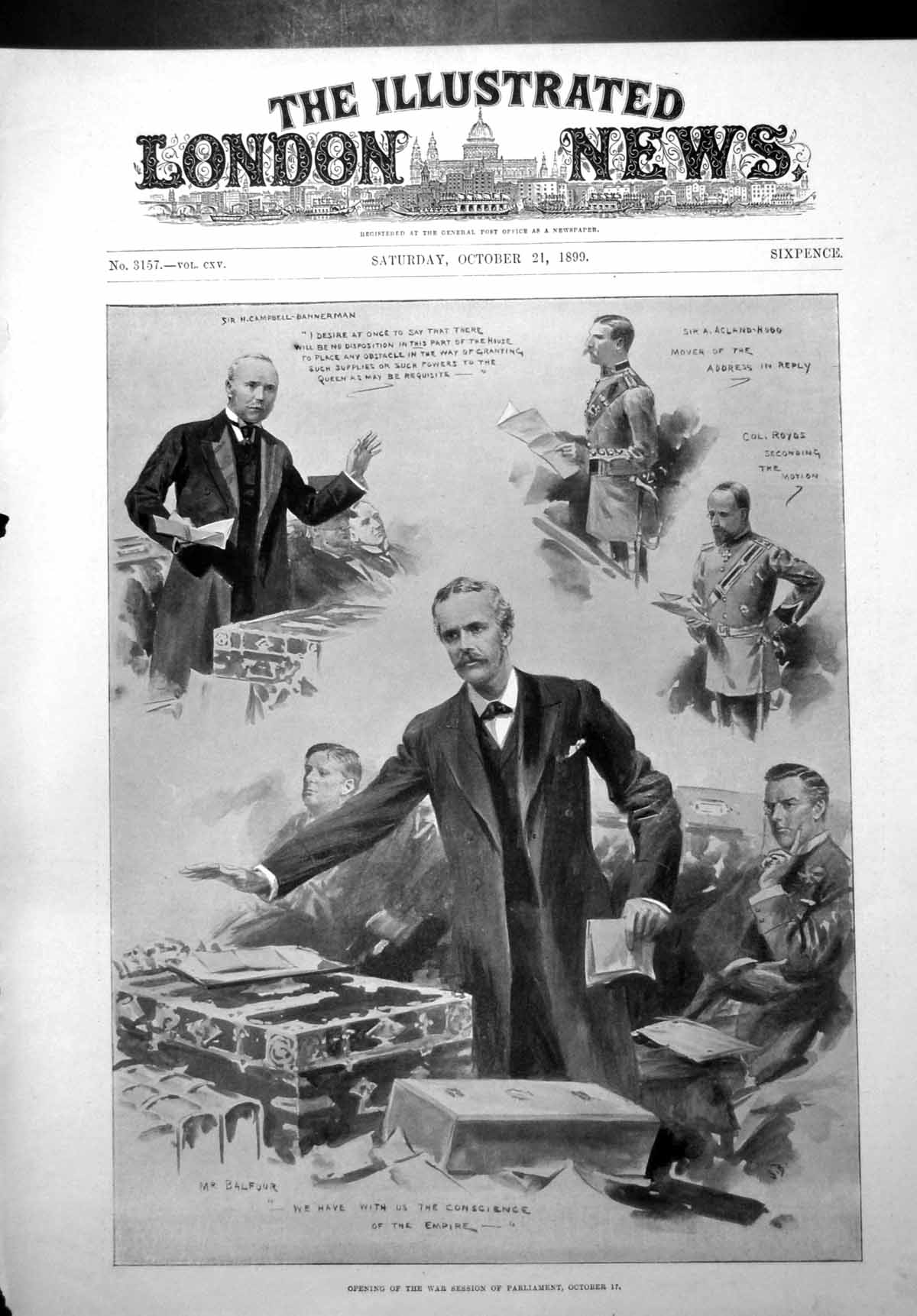 Antique Old Print Opening War Session Parliament Mr Balfour Col Royds 1899 19th