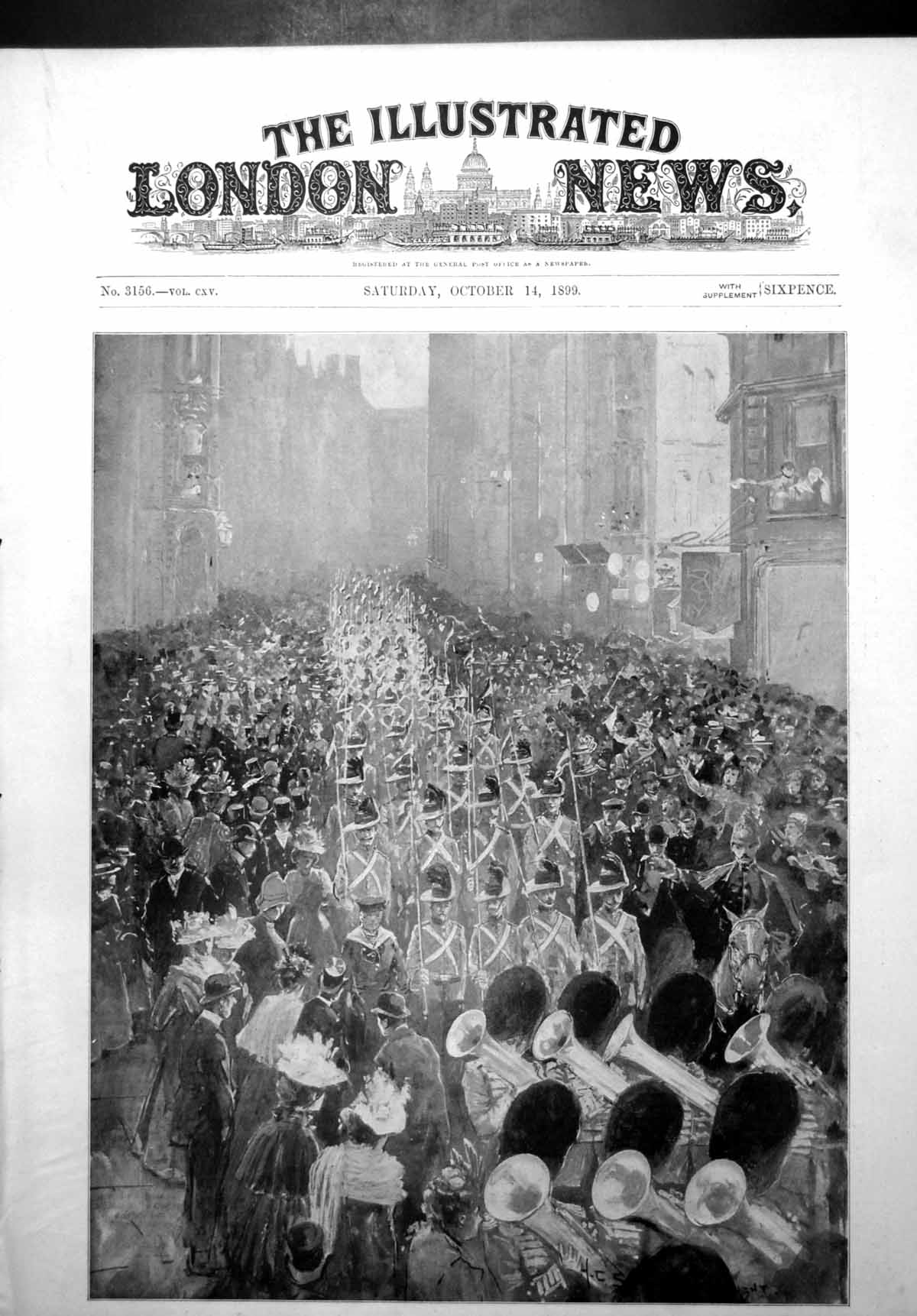 Original Old Antique Print March Siers For Front Band Playing City Street 1899