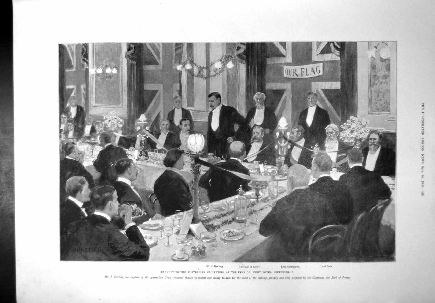 Antique Print Banquet Australian Cricketers Inns Court Hotel Lord Loch 1899
