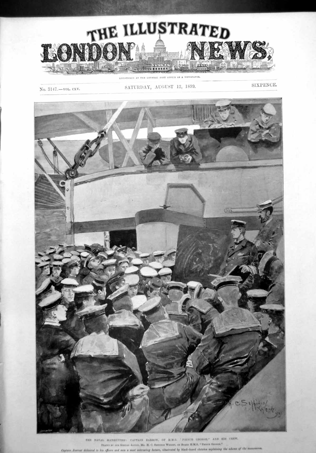 Antique Old Print Naval Manoeuvres Capt Barrow Hms Prince George Crew 1899 19th