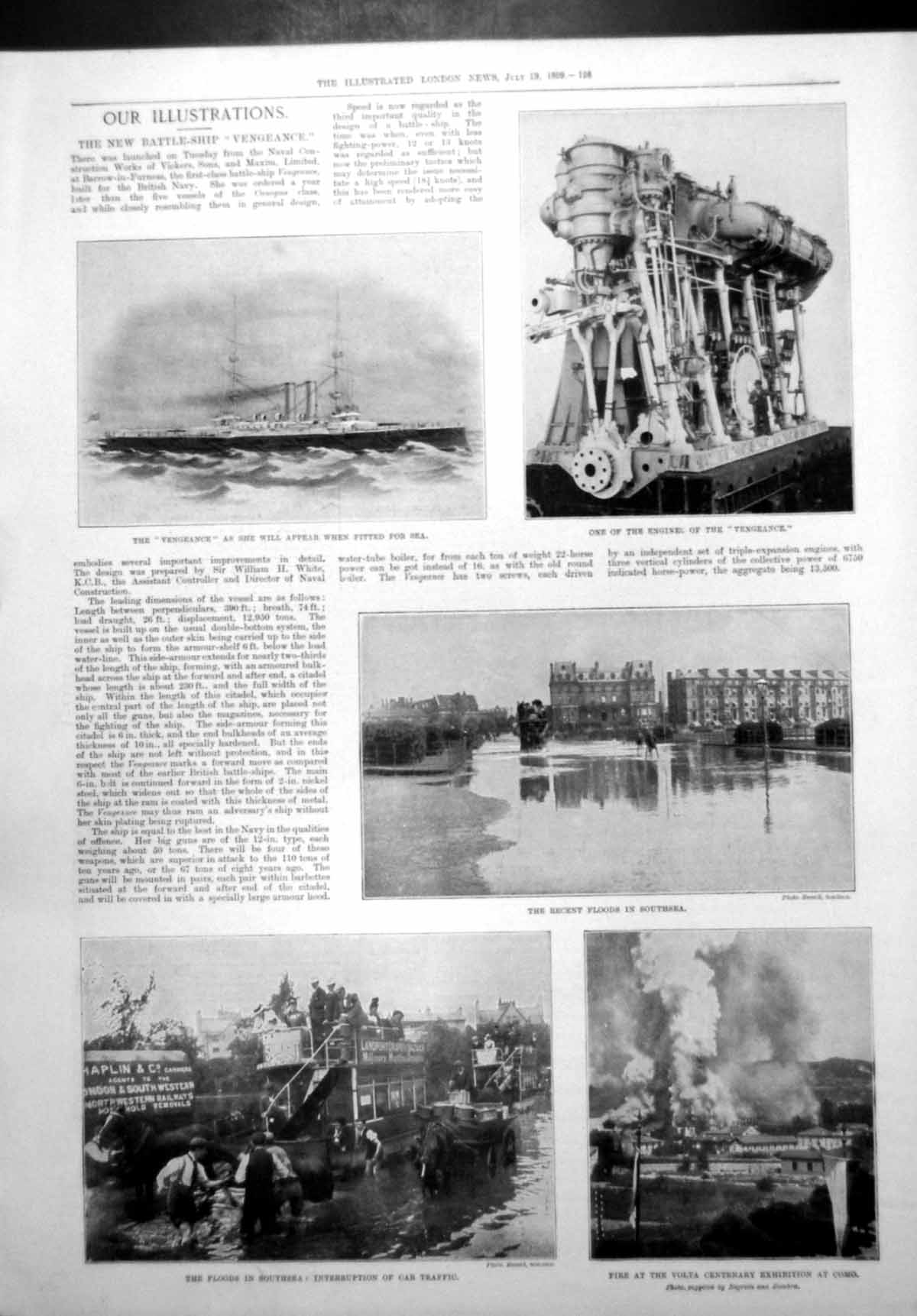 Old Print Vengeance Engine Floods Southsea Fire Volta Exhibition Como1899 19th