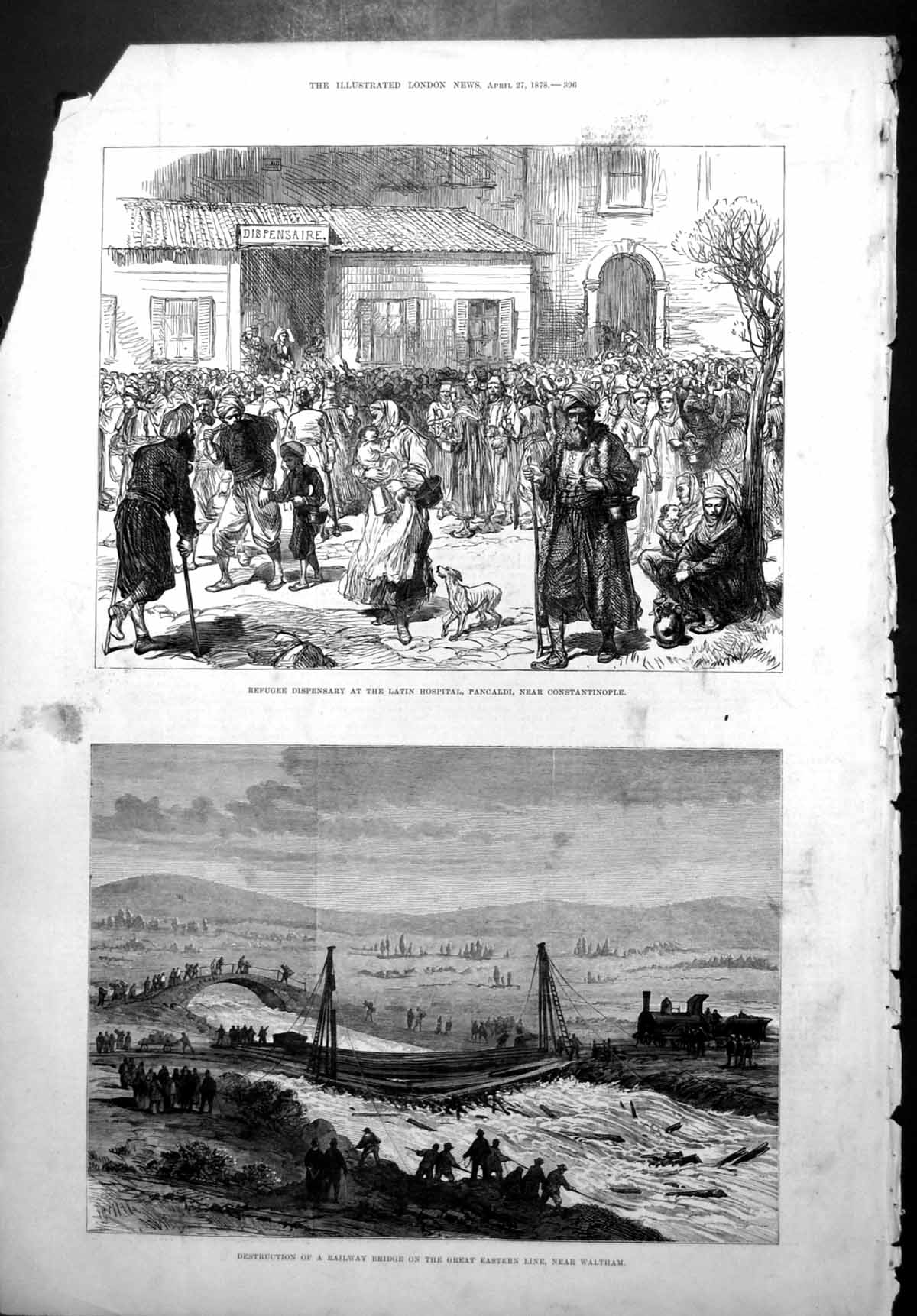 Antique Old Print Refugee Dispensary Pancaldi Destruction Bridge Waltham 1878