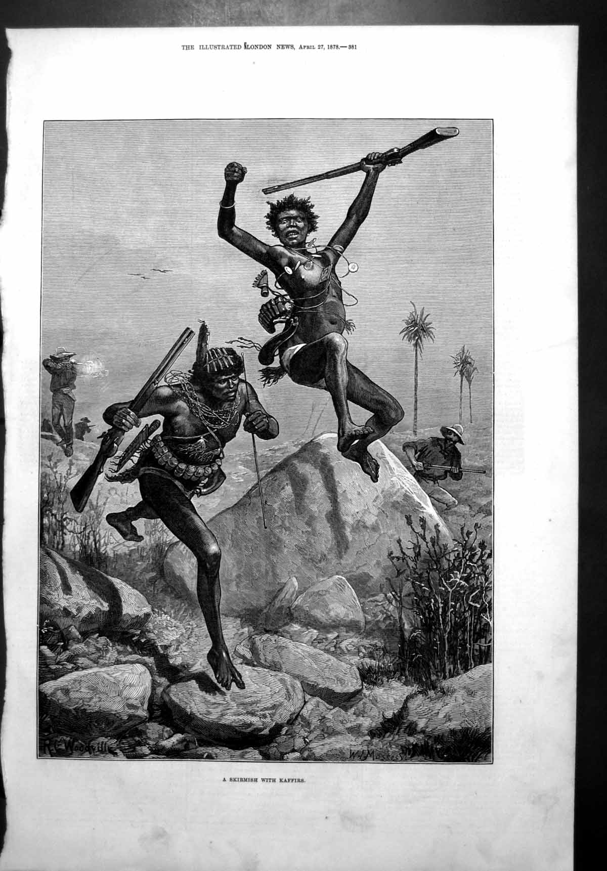 Original Old Antique Print Skirmish With Kaffirs Sier Firing Gun W Mosses 1878