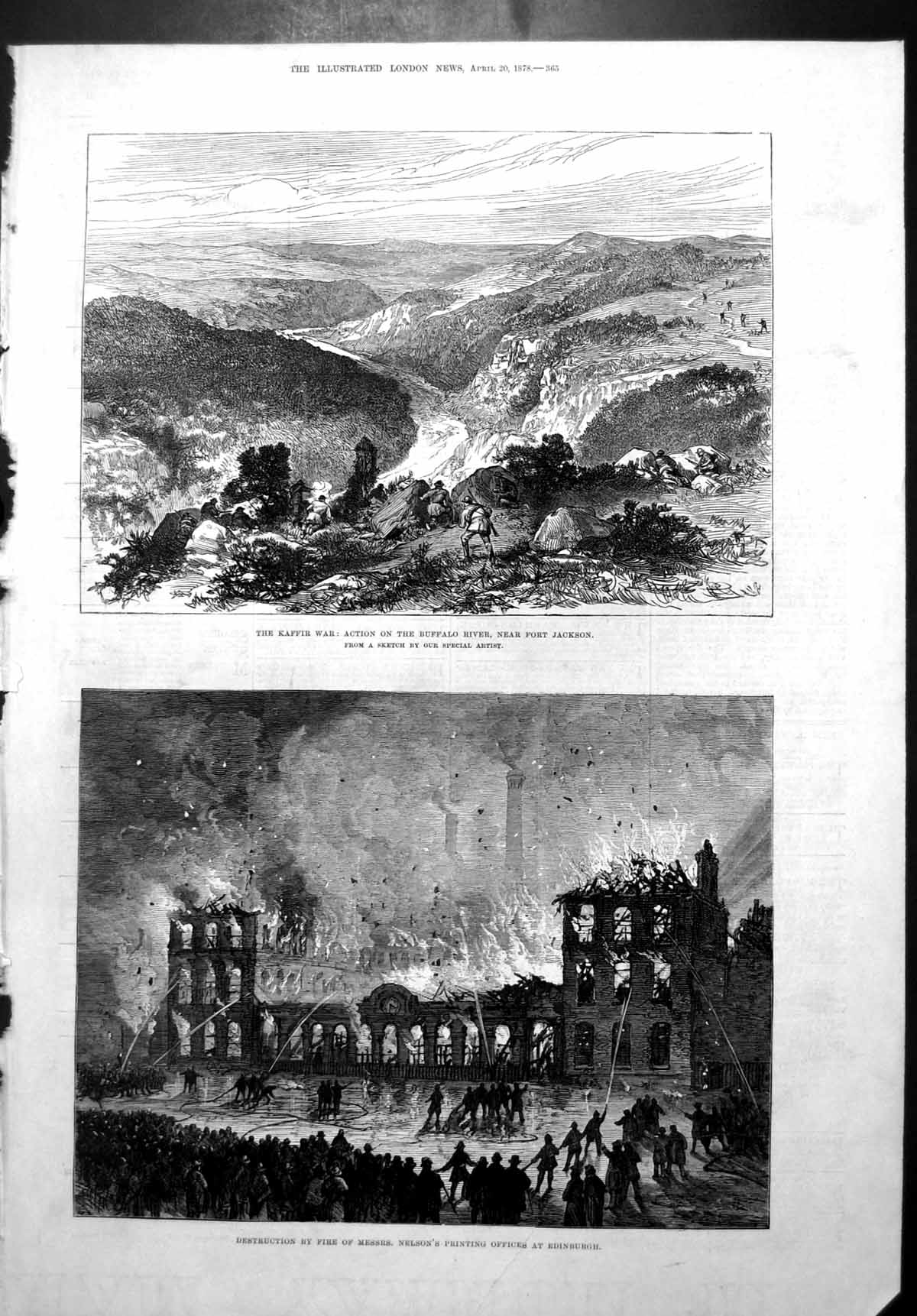 Antique Old Print Kaffir War Buffalo River Fire Nelsons Ers Edinburgh 1878 19th