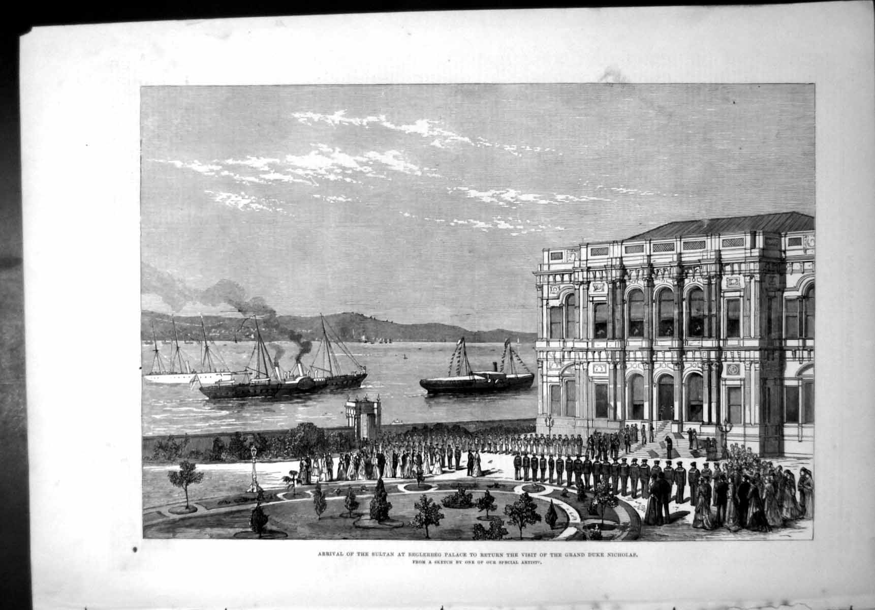 Old Print Arrival Sultan Beglerbeg Palace Return Visit Duke Nicholas 1878 19th