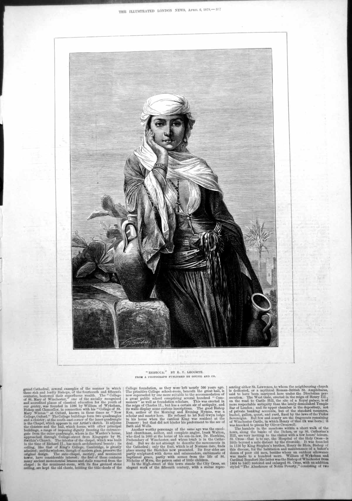 Old Antique Print Rebecca Ev Lecomte Eastern Woman Well Fill Pitcher 1878 19th