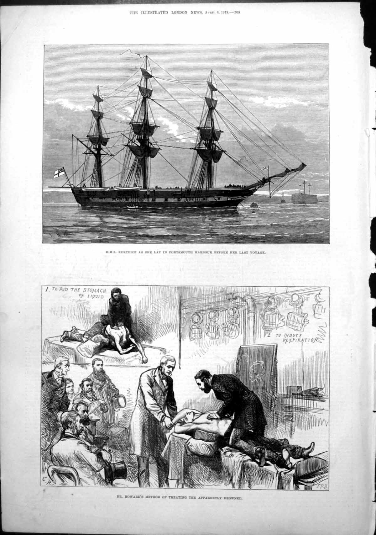 Old Antique Print Hms Eurydice Portsmouth Dr Howard Treating Drowned 1878 19th
