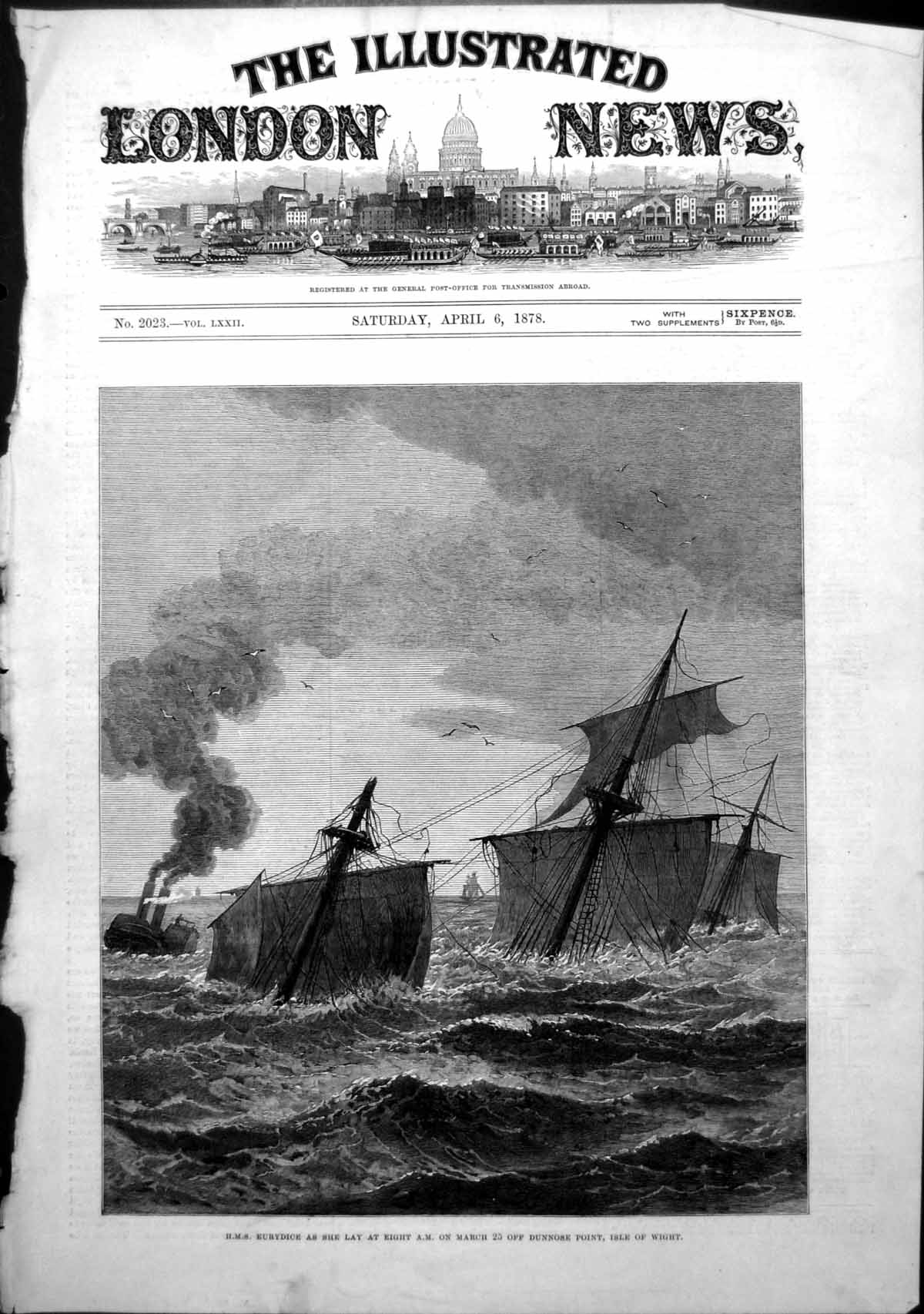 Antique Old Print Hms Eurydice Part Submerged Dunnose Point Isle Wight 1878