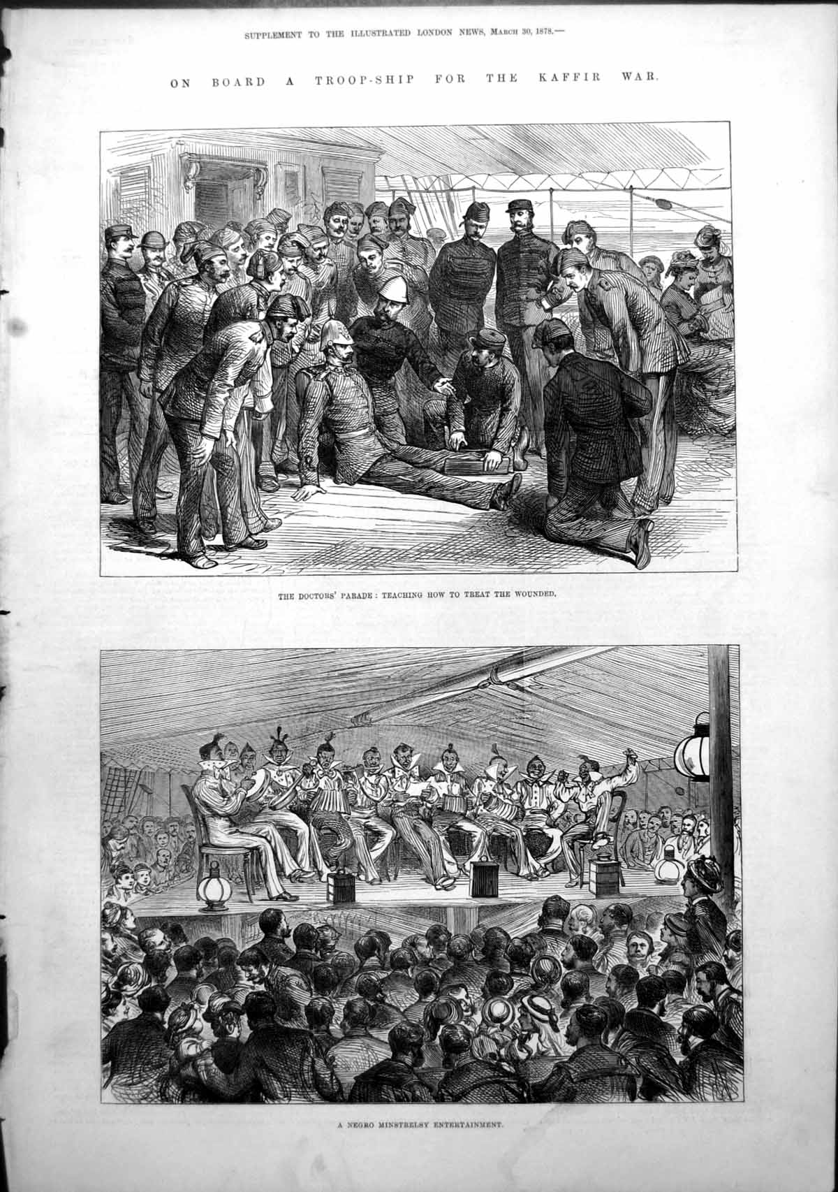 Original Old Antique Print On Board Troopship Kaffir War Doctors Parade 1878
