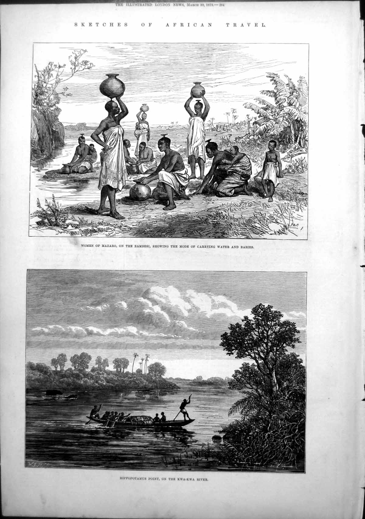 Antique Print African Travel Carrying Water Zambesi Hippopotamus Point 1878
