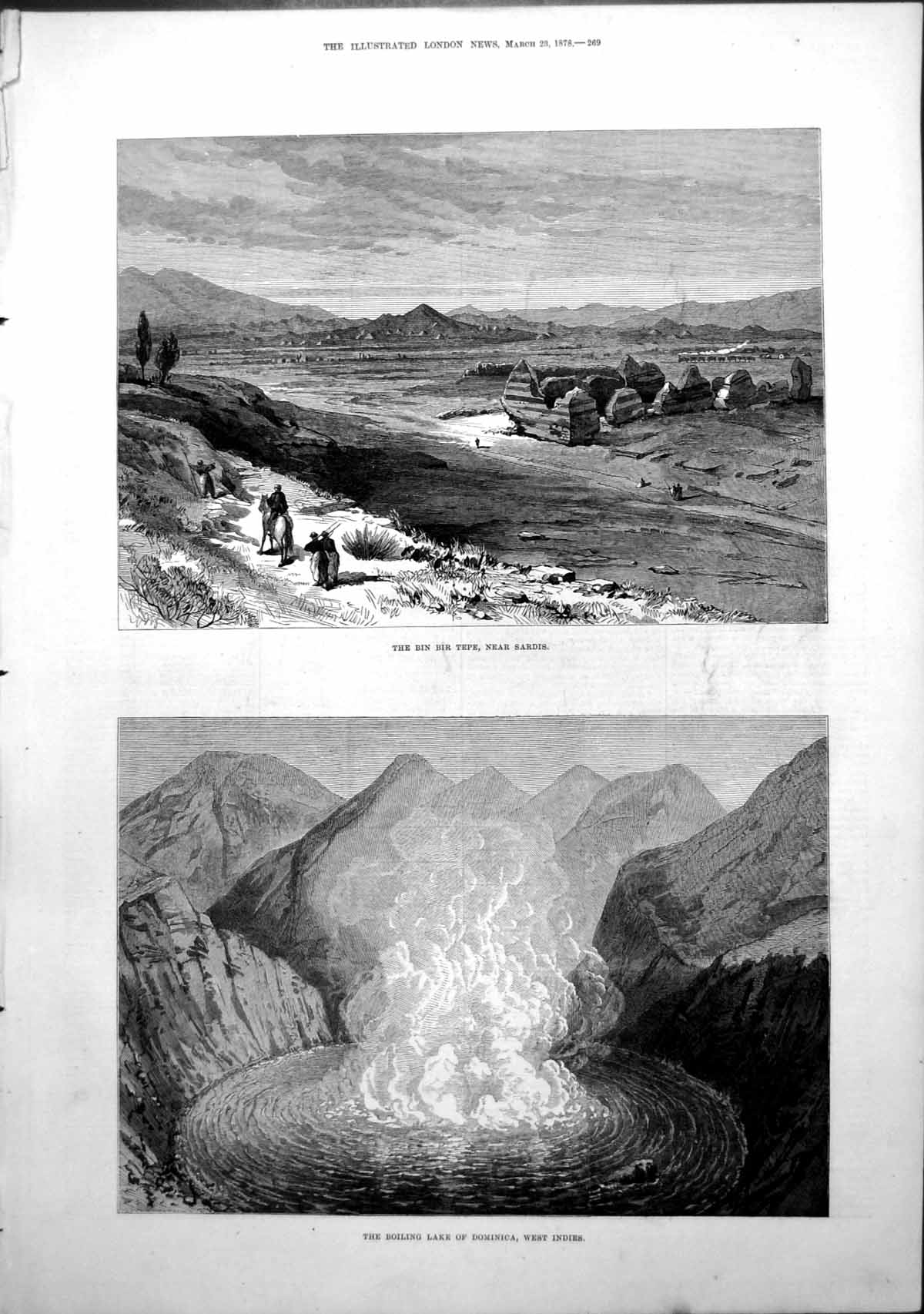 Antique Old Print Bin Bir Tepe Sardis Boiling Lake Dominica West Indies 1878