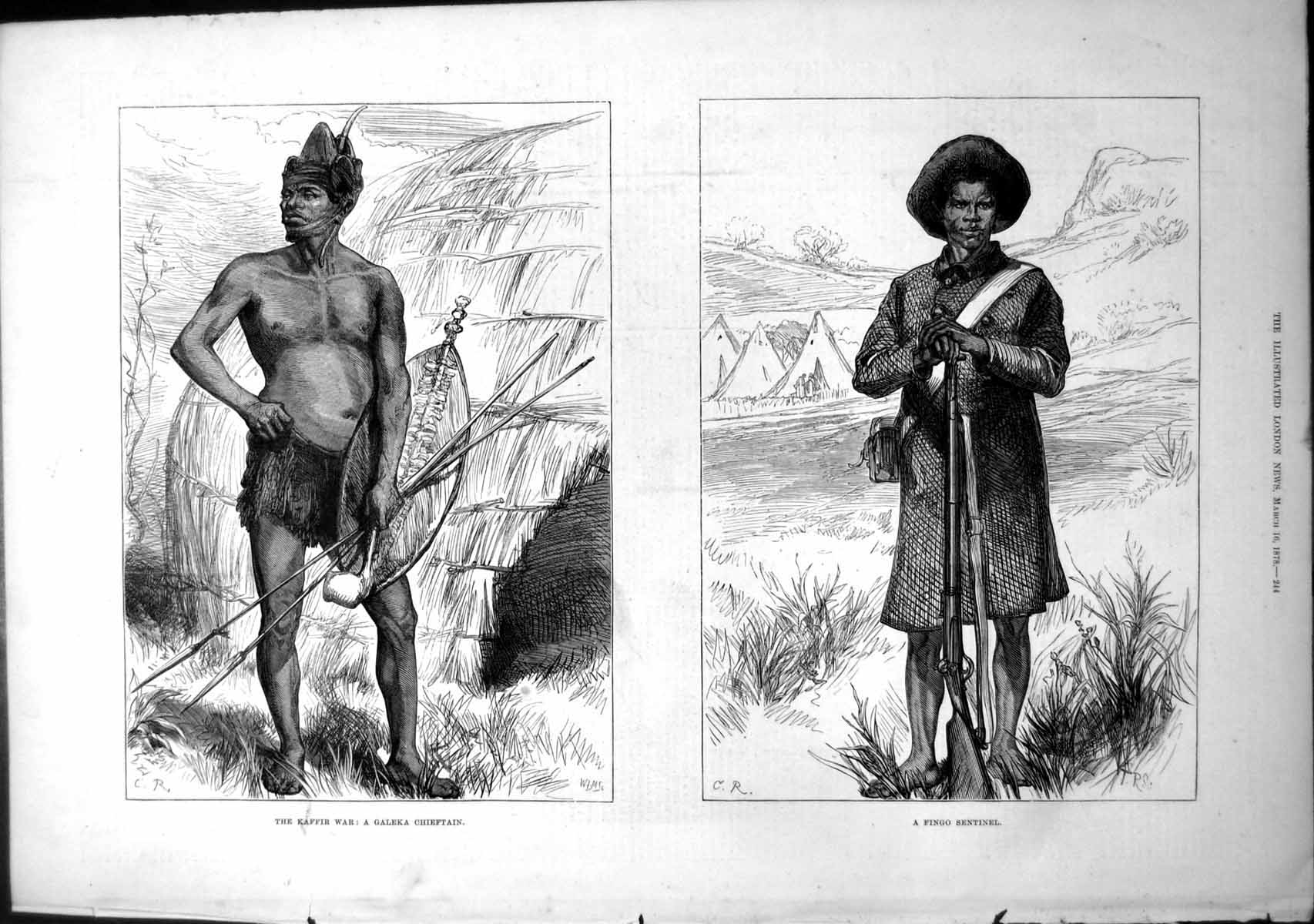 Original Old Antique Print Kaffir War Galeka Chieftain Fingo Sentinel 1878 19th
