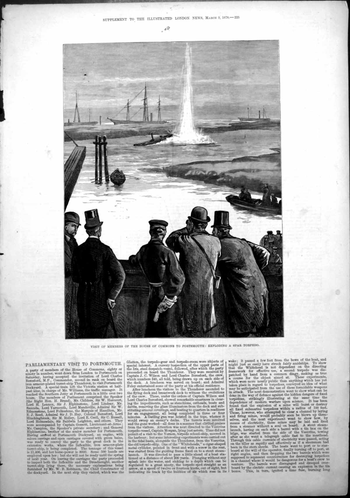 Antique Old Print Memebers House Commons Portsmouth Exploding Torpedo 1878 19th