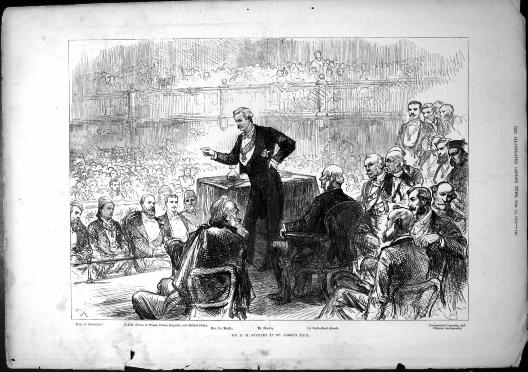 Antique Old Print Hm Stanley St Jamess Hall Prince Wales Duke Sutherland 1878