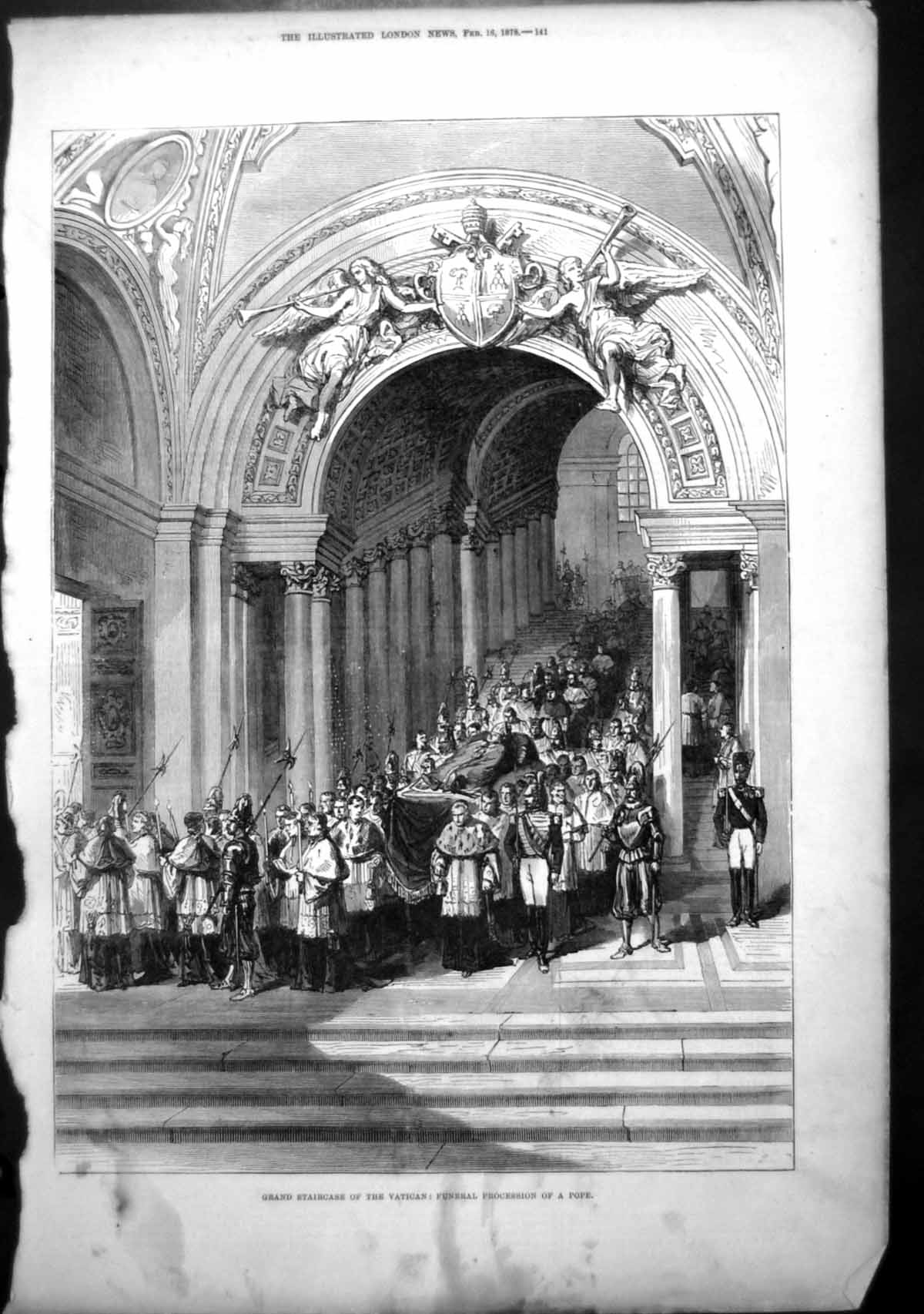 Original Old Antique Print Grand Staircase Vatican Funeral Procession Pope 1878