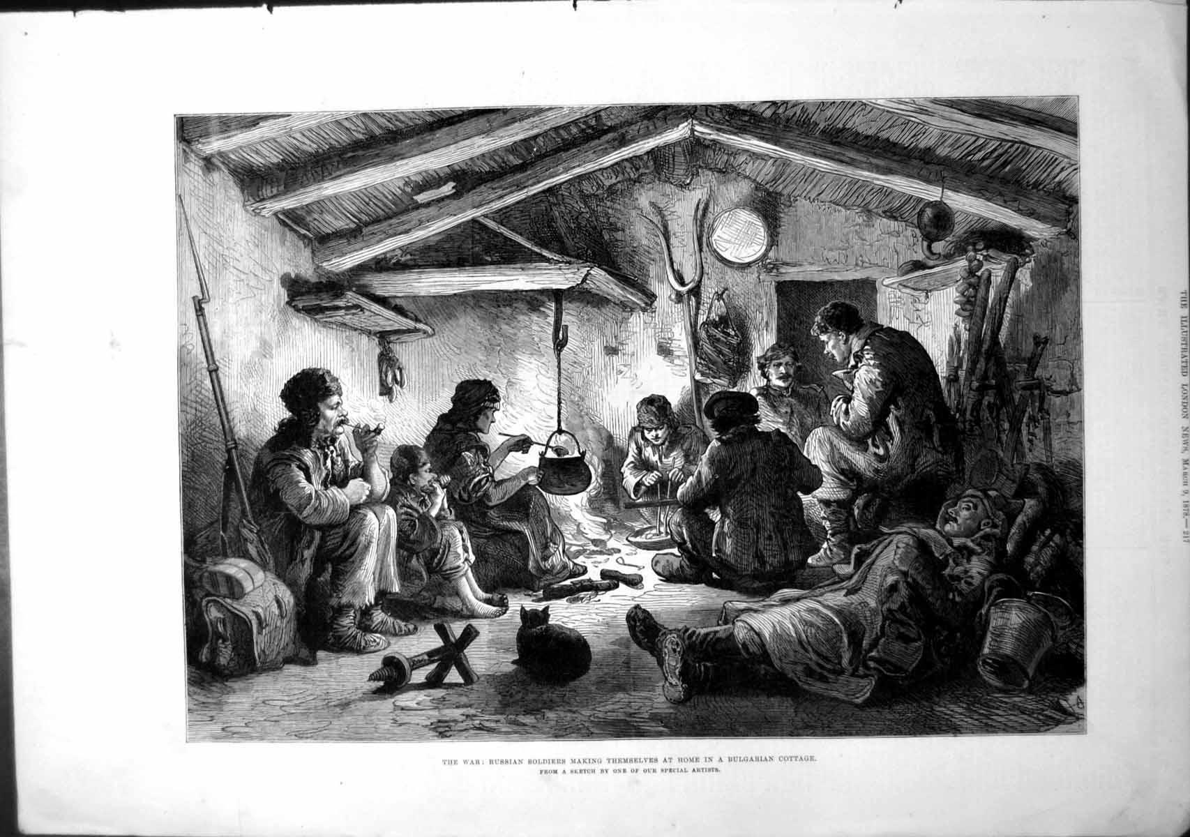 Original Old Antique Print War Russian Siers Making Home Bulgarian Cottage 1878