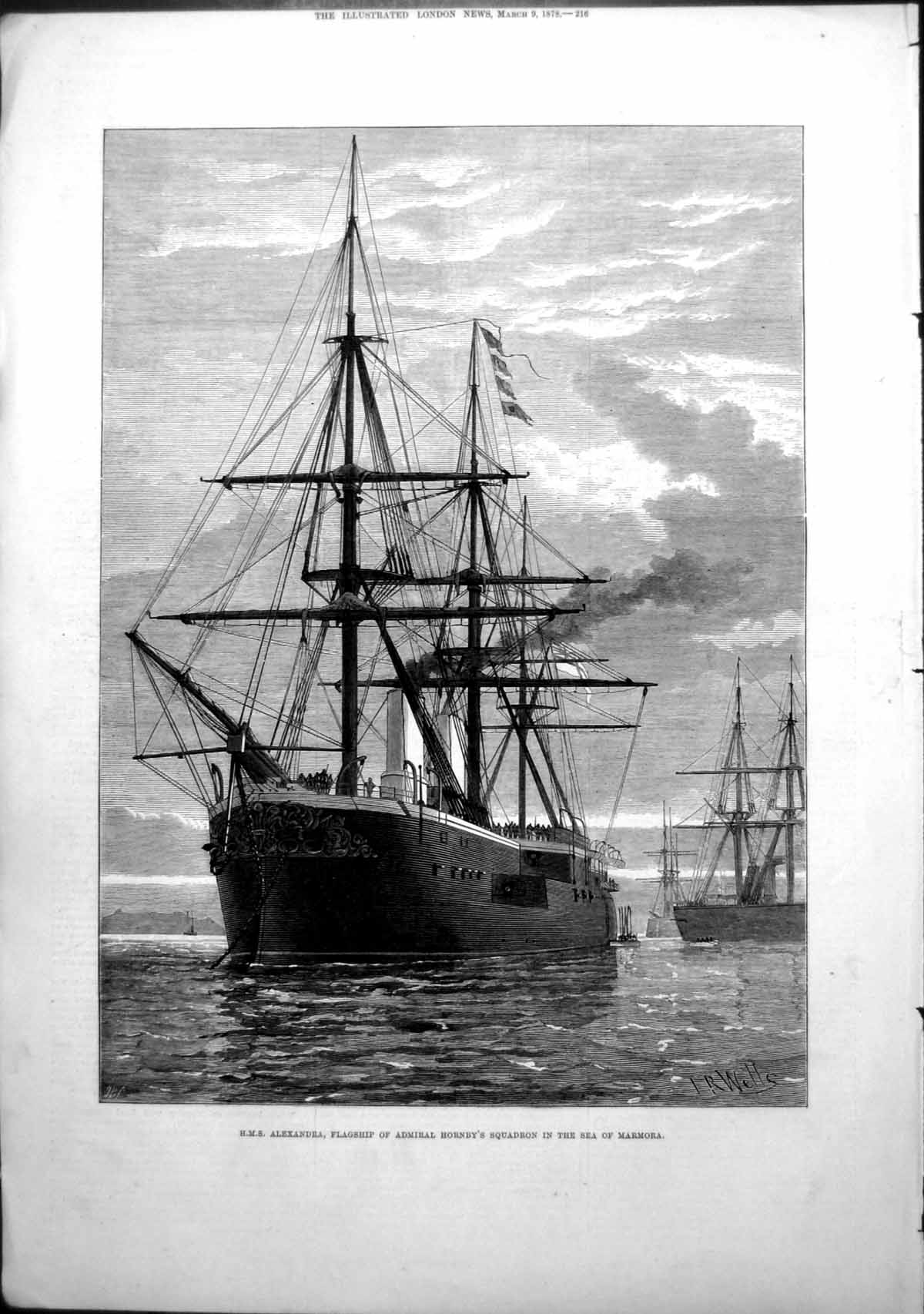 Old Antique Print Hms Alexandra Flagship Admiral Hornby Sea Marmora 1878 19th