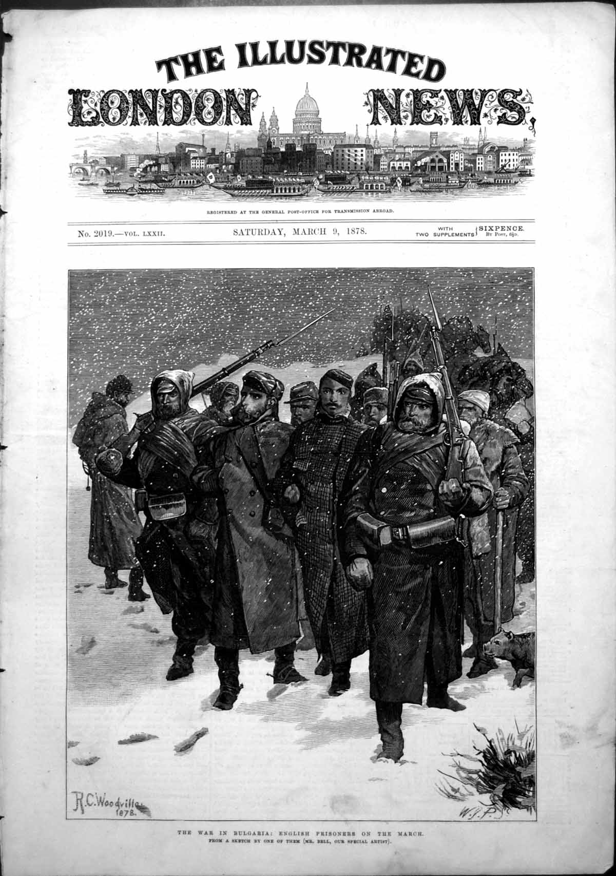 Original Old Antique Print War Bulgaria English Prisoners March Snowstorm 1878
